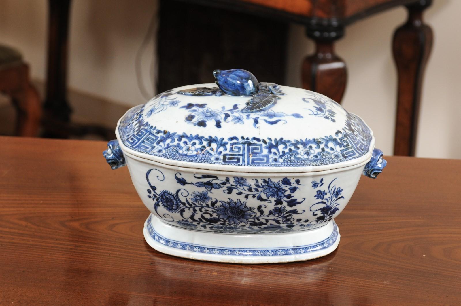 Blue & White Covered Tureen with Greek Key Design & Tiger Head Handles 3