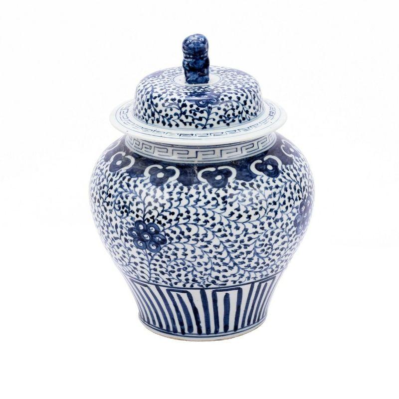 Blue & white curly vine lidded jar

Shape: Jar
Color: Blue and White
Size (inches): 12.5W x 12.5D x 17H

High fire porcelain, 100% hand shaped, hand painted. Distress, chips and other imperfections create great characters of this special