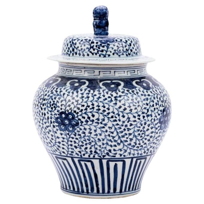 Blue & White Curly Vine Porcelain Lidded Jar For Sale