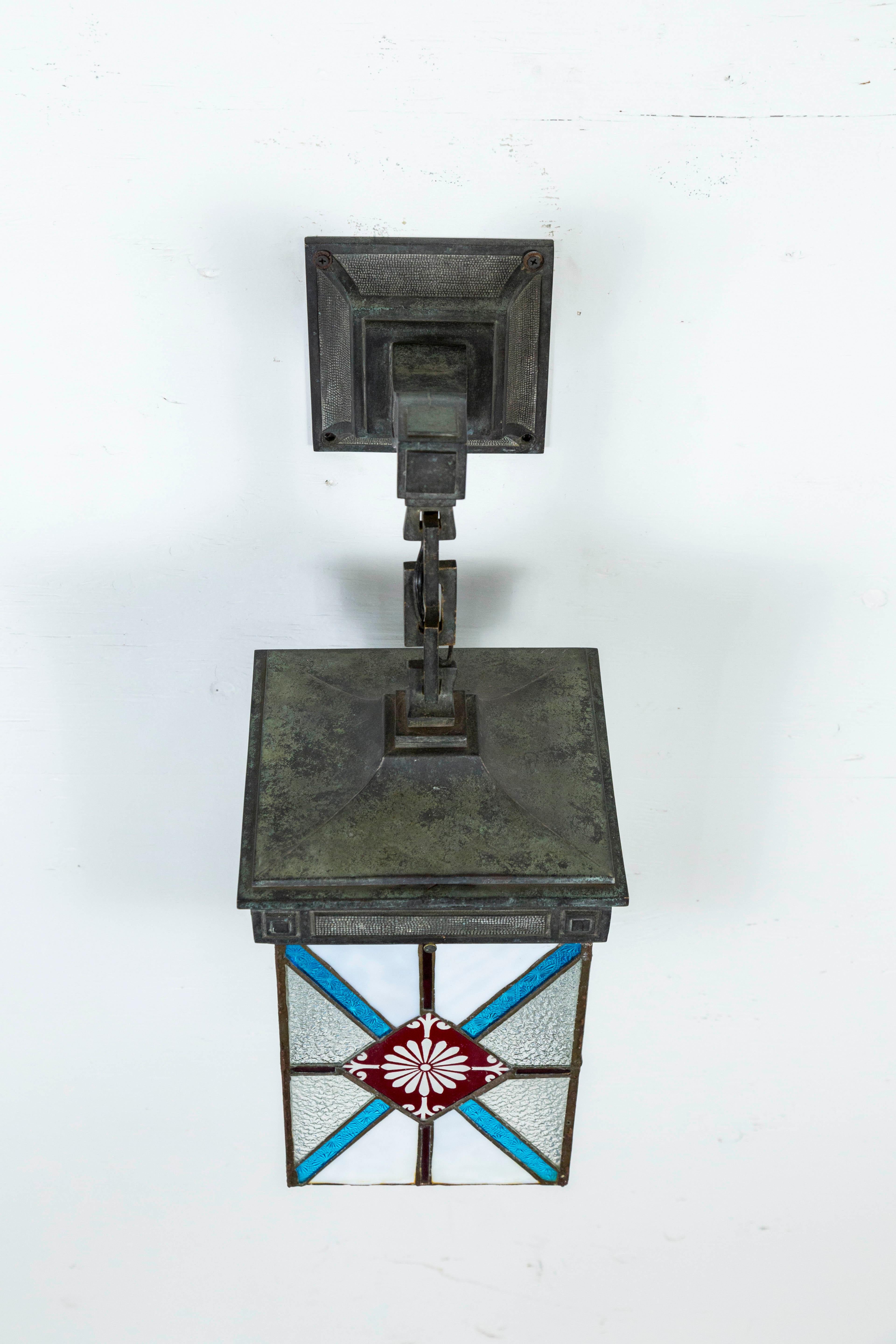 Blue, White and Deep Red Stained Glass and Bronze Lantern Sconce 4