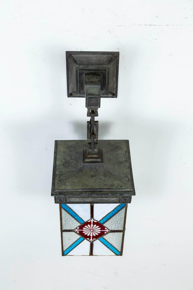 Blue, White and Deep Red Stained Glass and Bronze Lantern Sconce 5