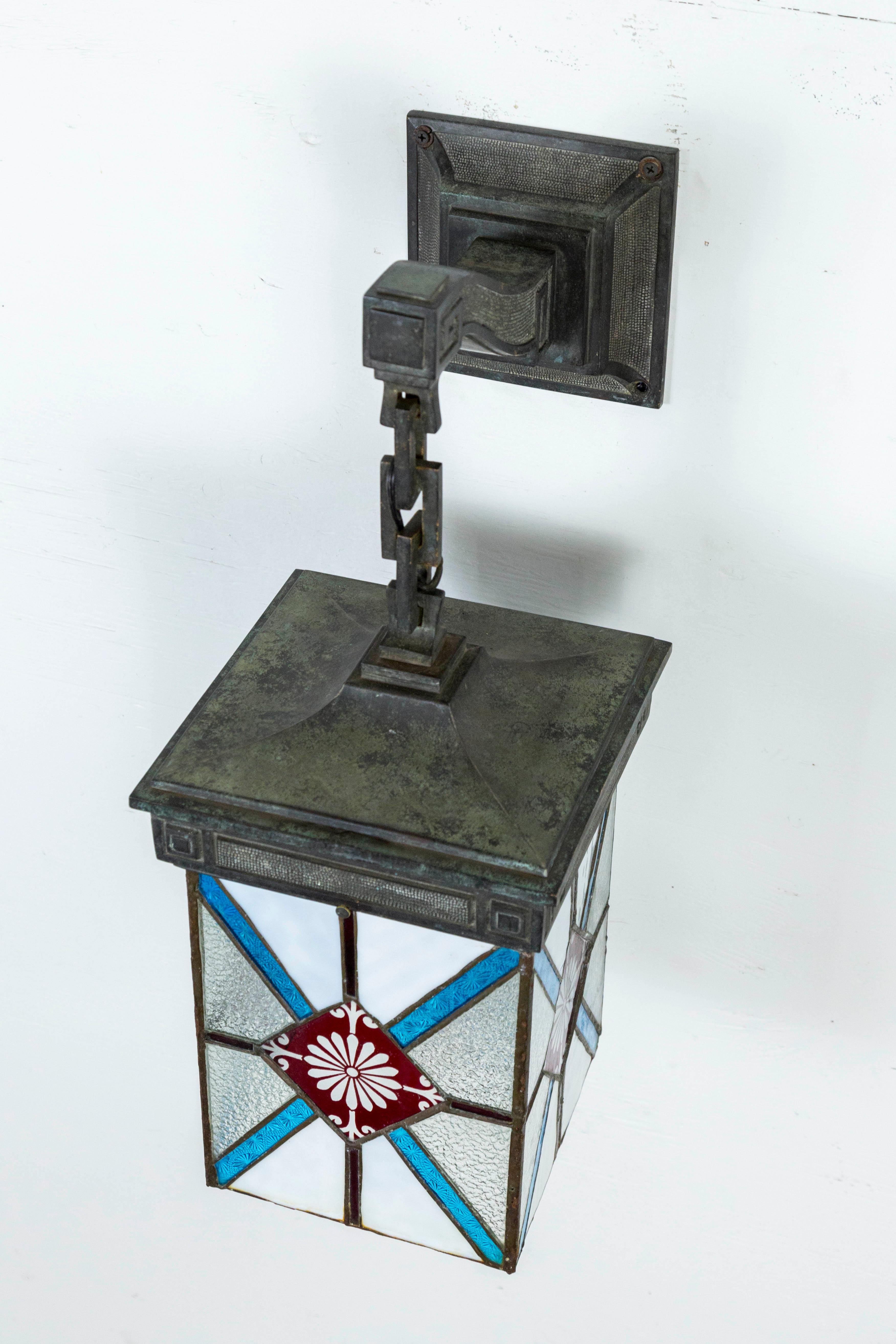 Blue, White and Deep Red Stained Glass and Bronze Lantern Sconce 5