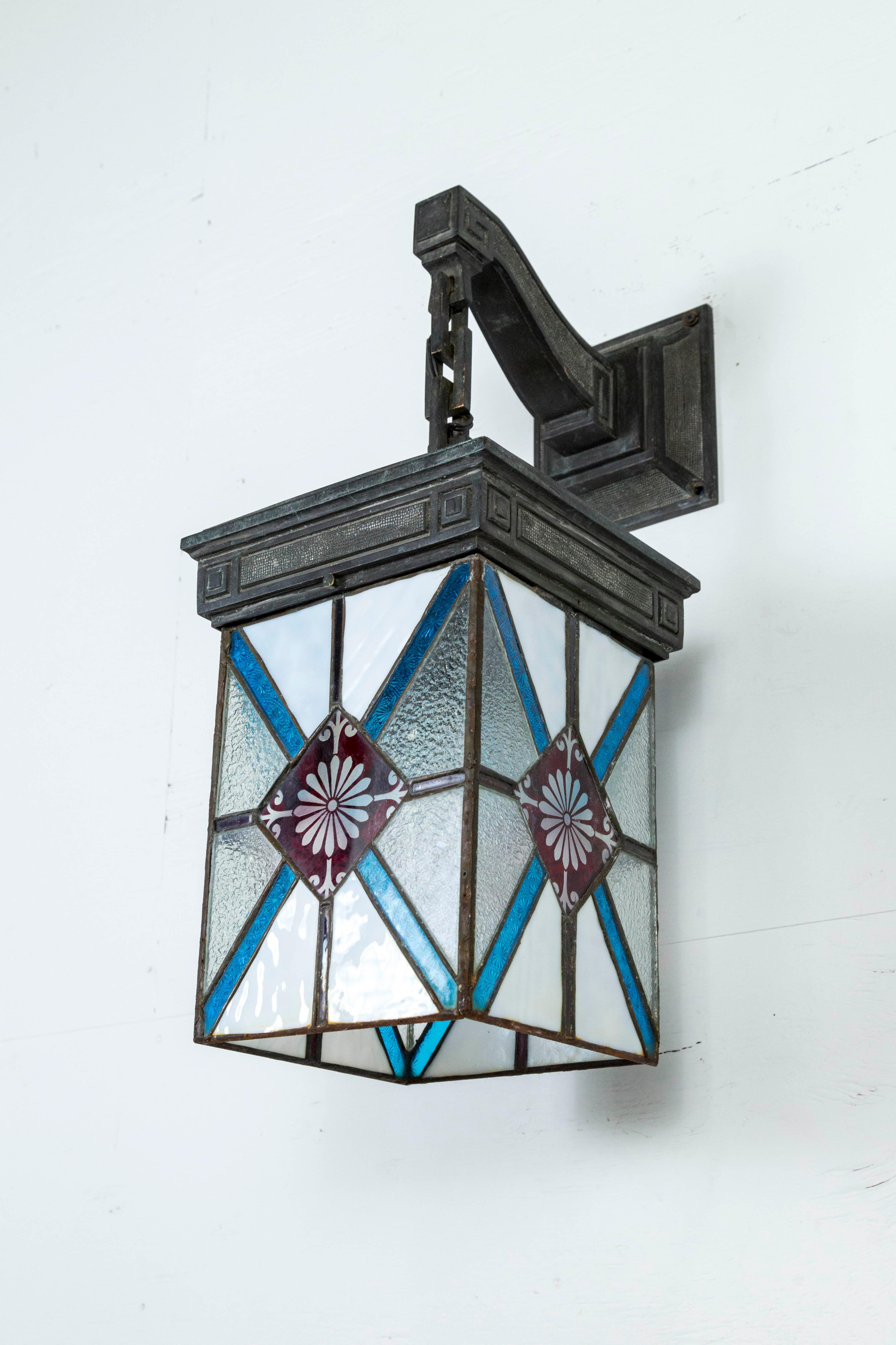 Blue, White and Deep Red Stained Glass and Bronze Lantern Sconce 6