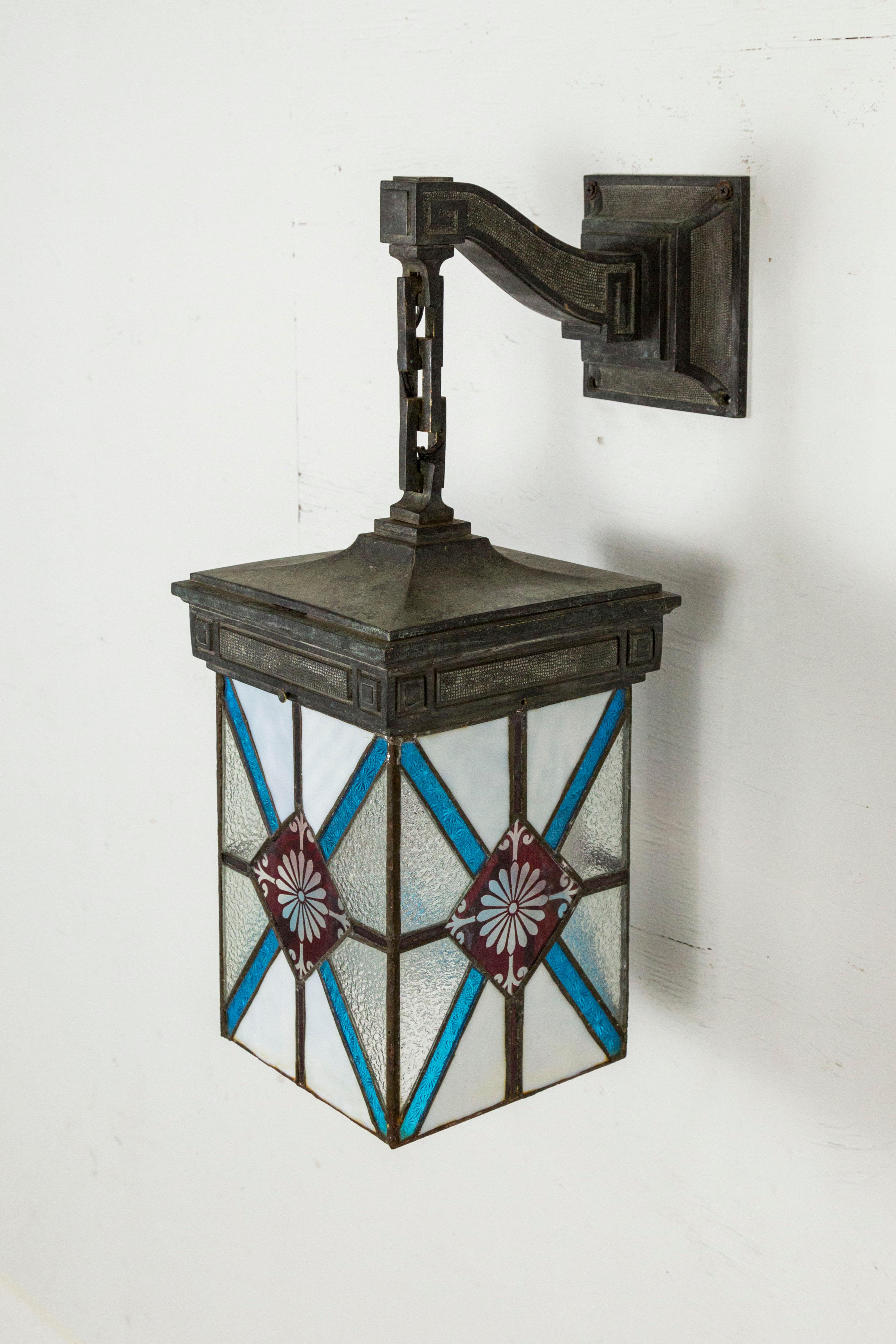 Art Deco Blue, White and Deep Red Stained Glass and Bronze Lantern Sconce