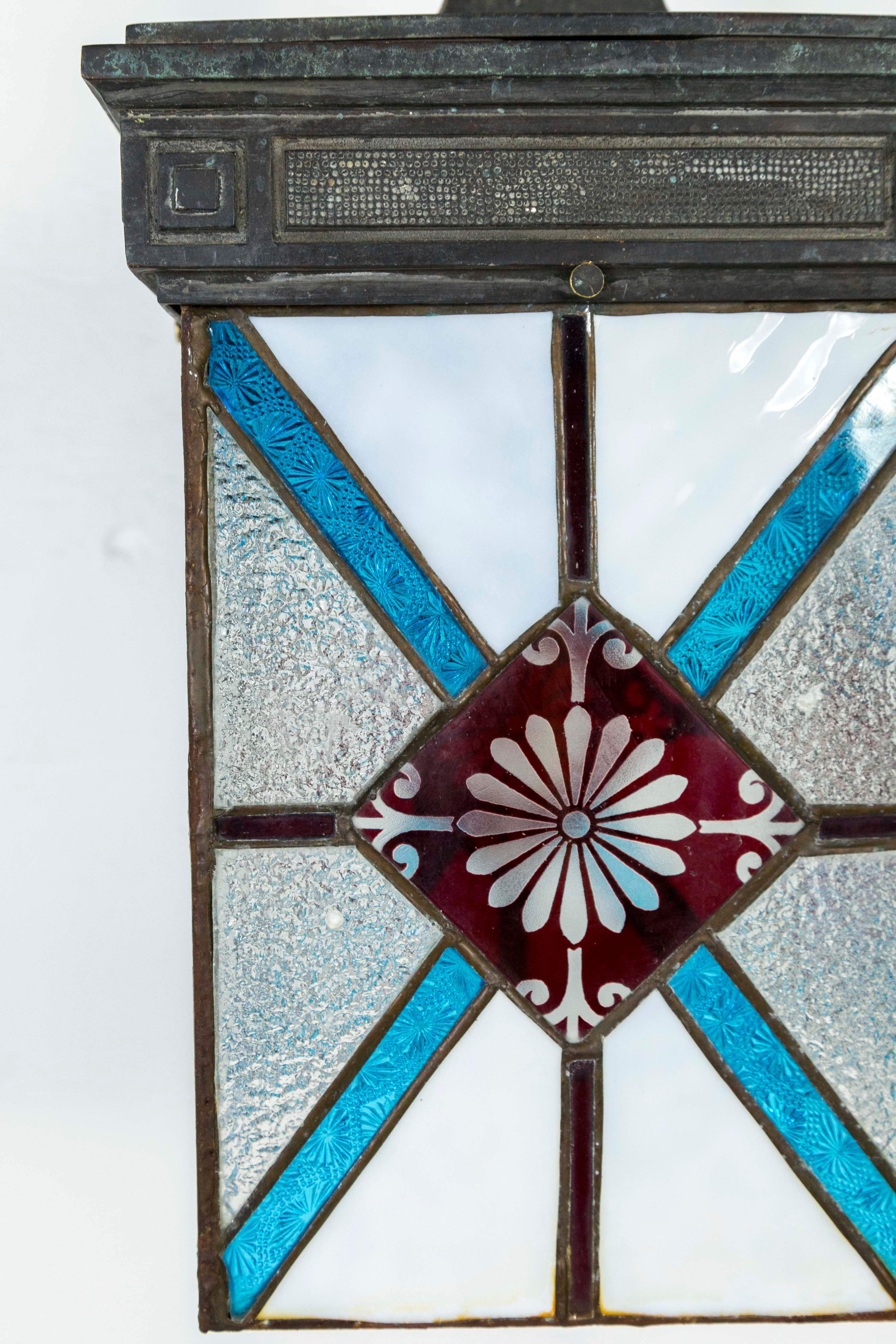 Blue, White and Deep Red Stained Glass and Bronze Lantern Sconce In Good Condition In San Francisco, CA