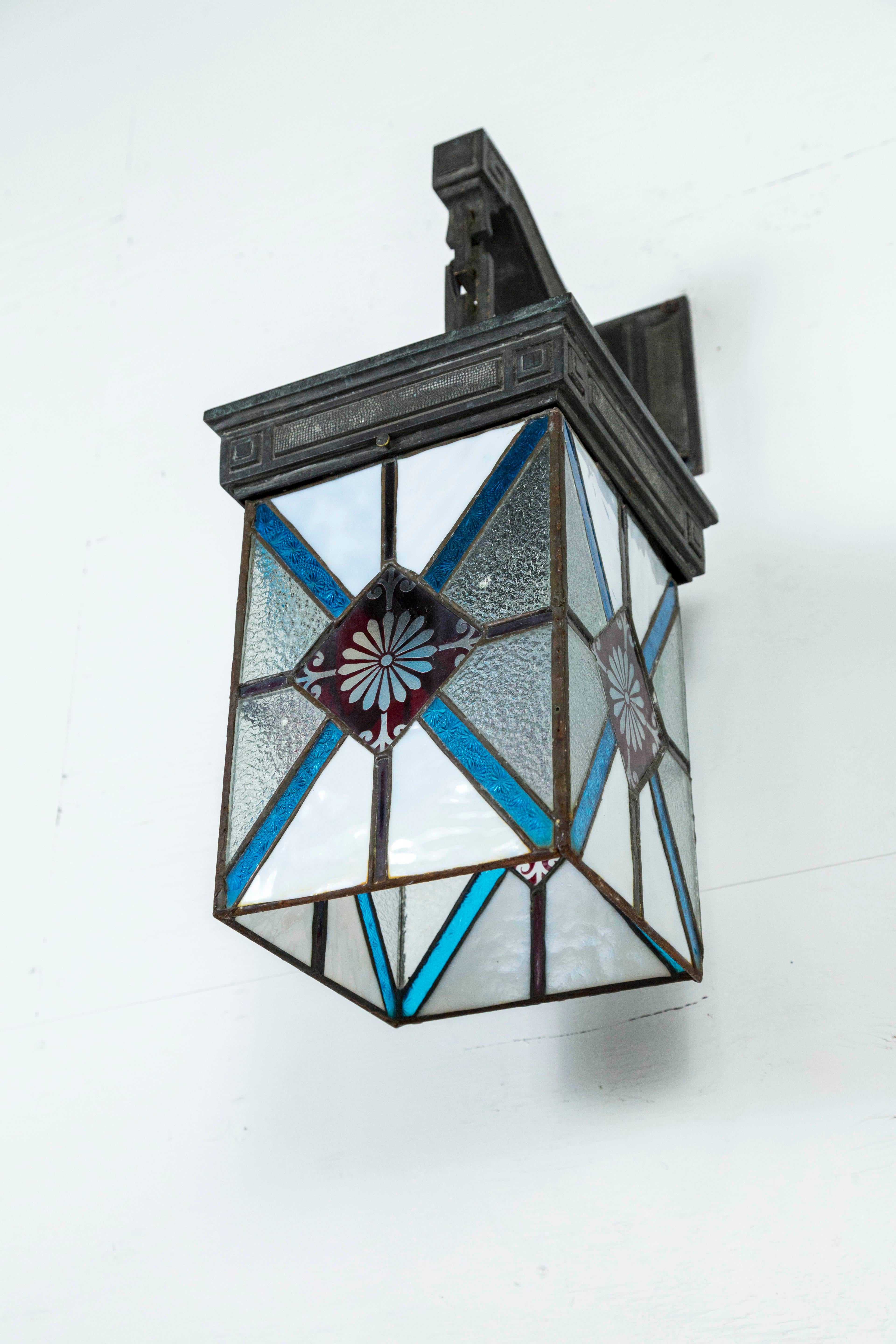 Blue, White and Deep Red Stained Glass and Bronze Lantern Sconce 1
