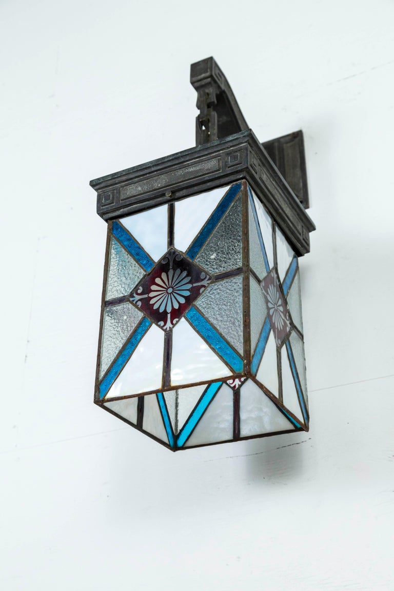 Blue, White and Deep Red Stained Glass and Bronze Lantern Sconce 2