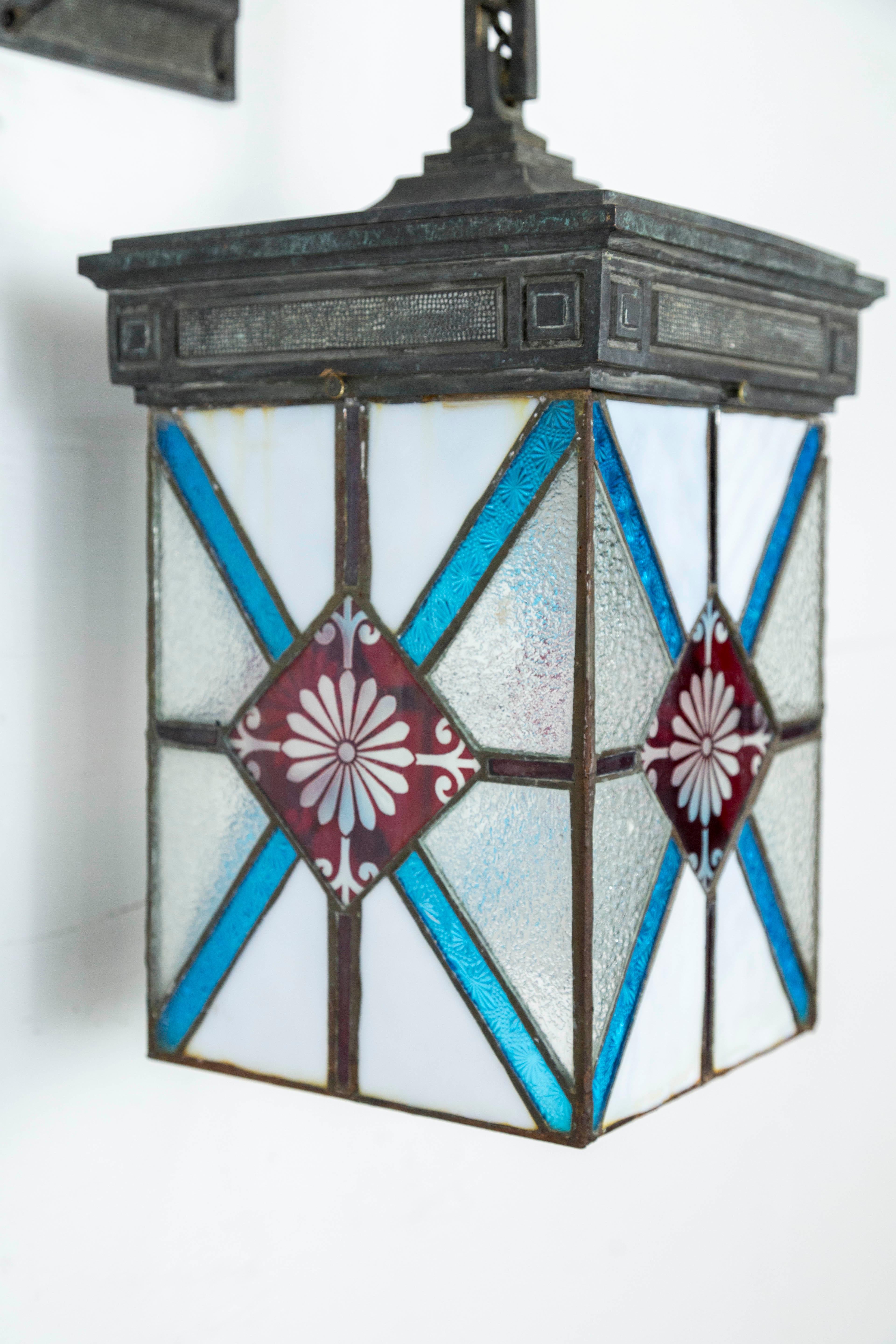 Blue, White and Deep Red Stained Glass and Bronze Lantern Sconce 2
