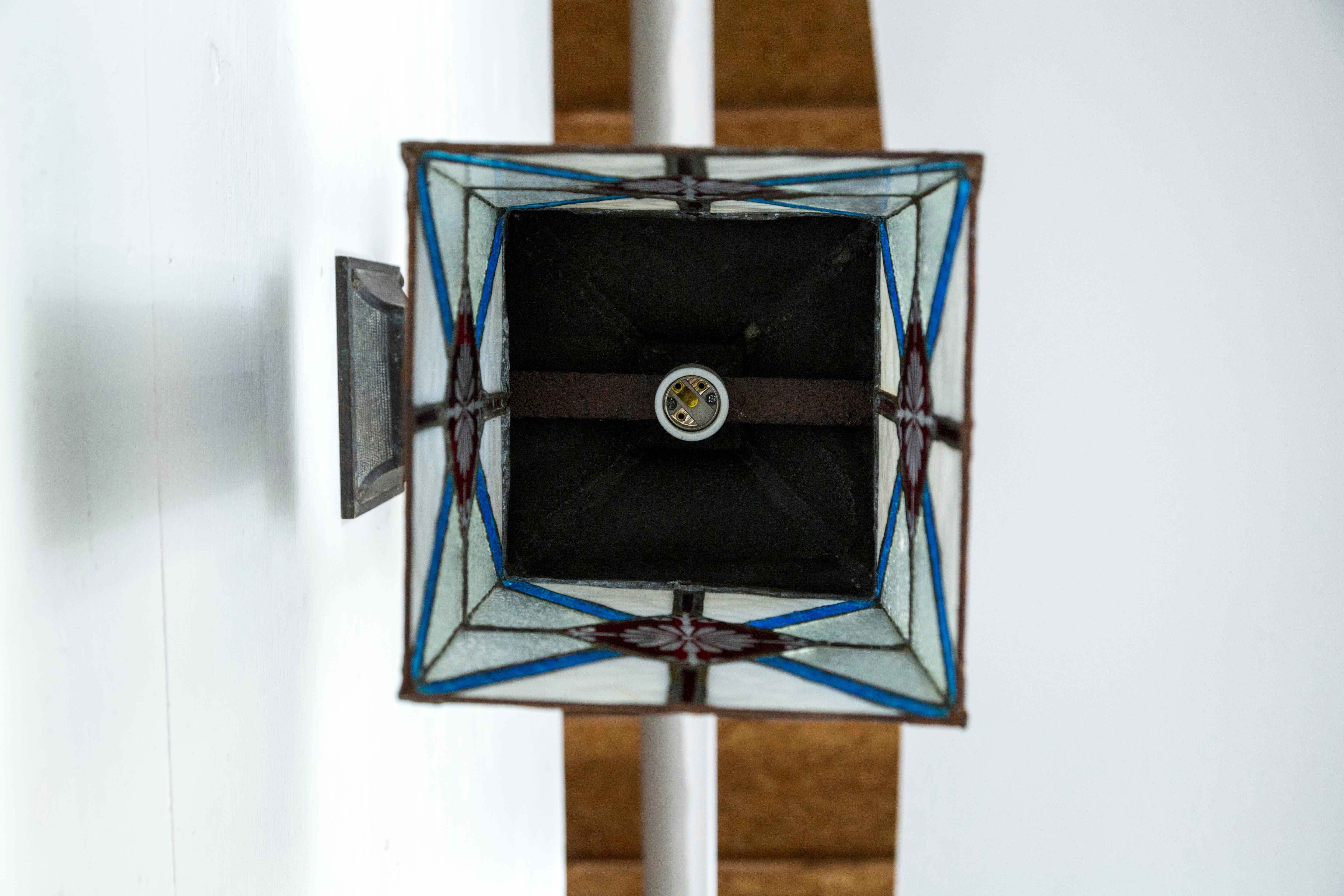 Blue, White and Deep Red Stained Glass and Bronze Lantern Sconce 3