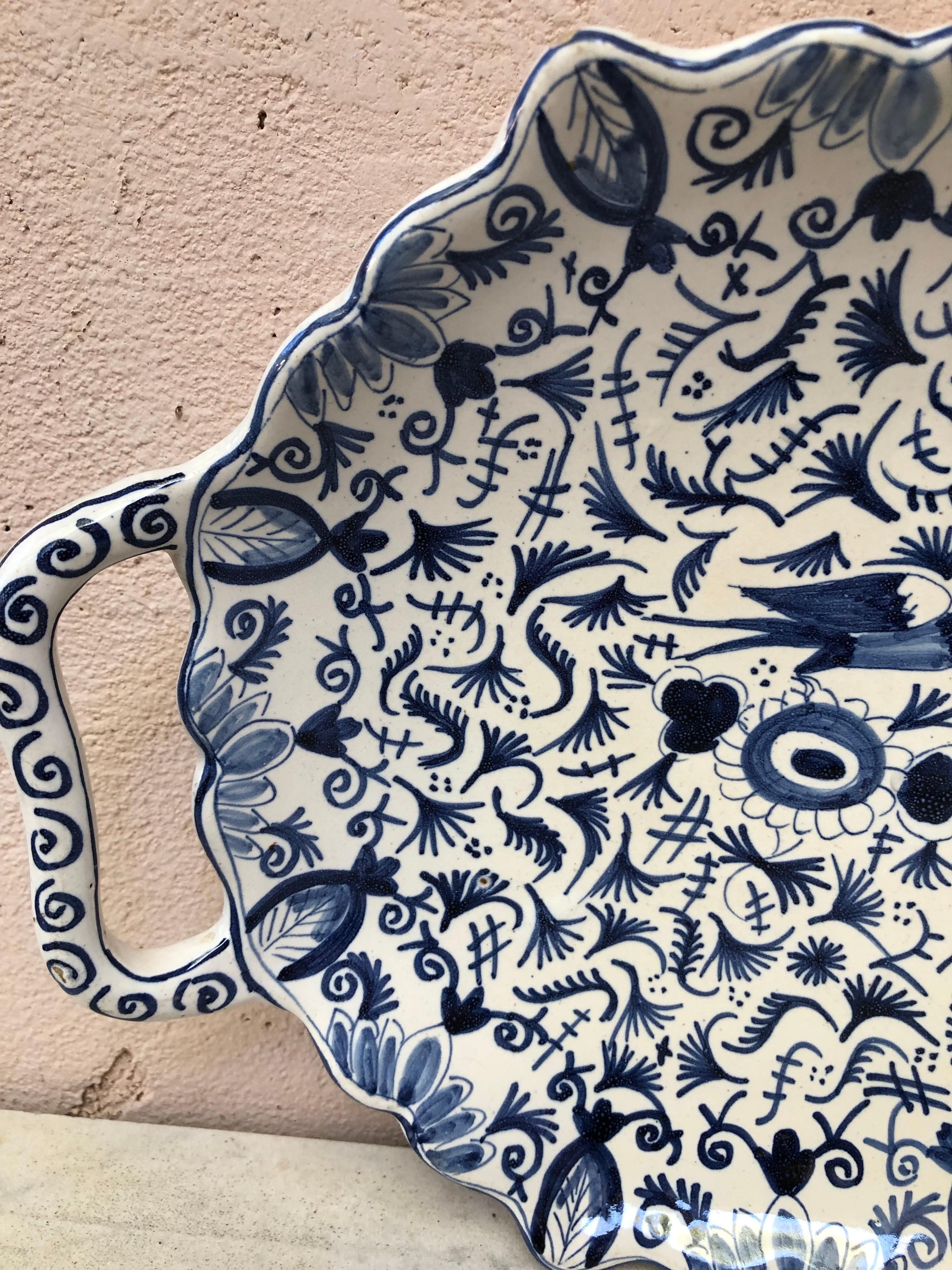 Rustic Blue & White Delft Faience Handled Platter circa 1920