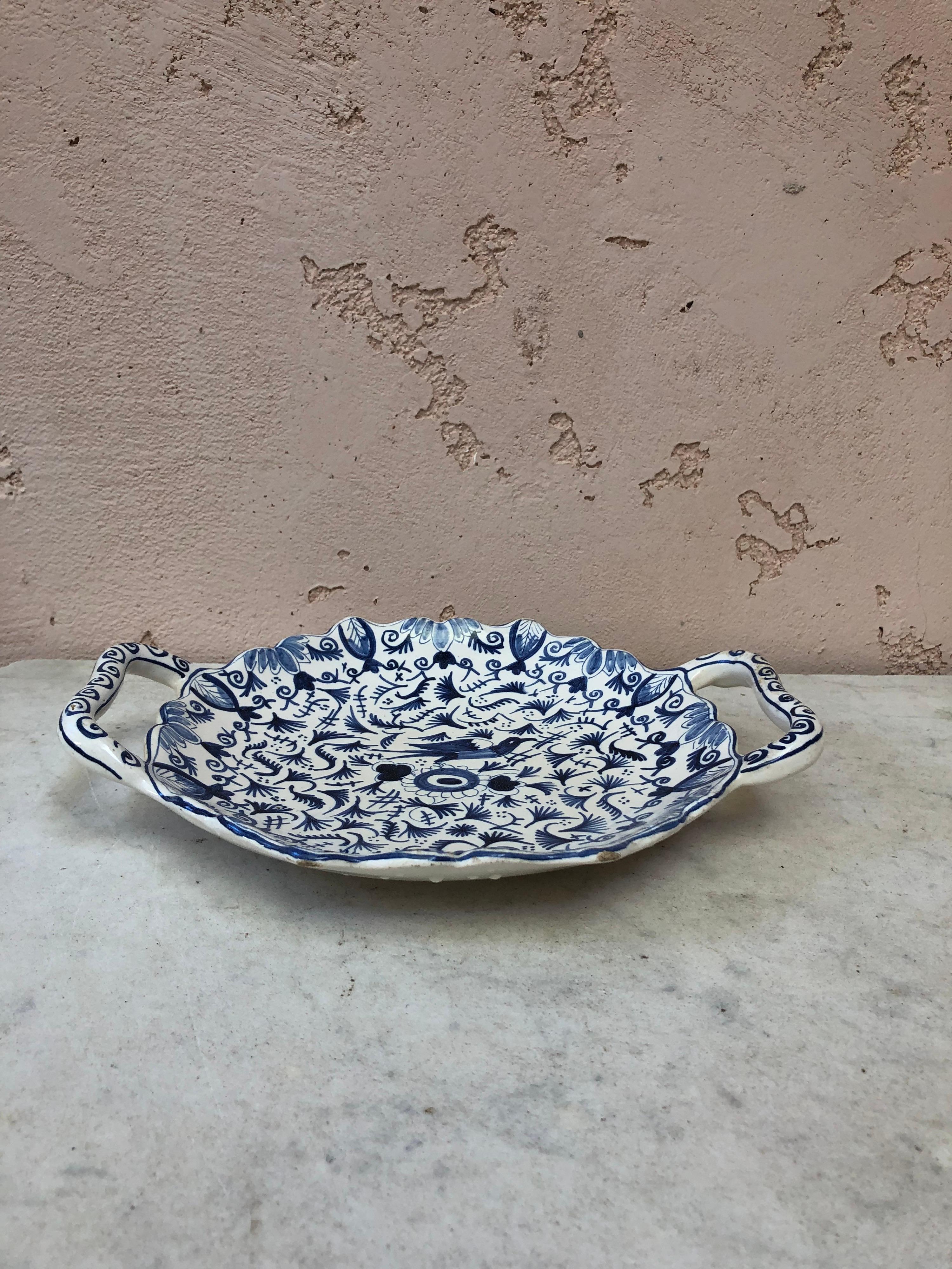 Blue & White Delft Faience Handled Platter circa 1920 In Good Condition In Austin, TX