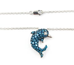 Blue & White Diamond Dolphin Pendant With Necklace in White Gold