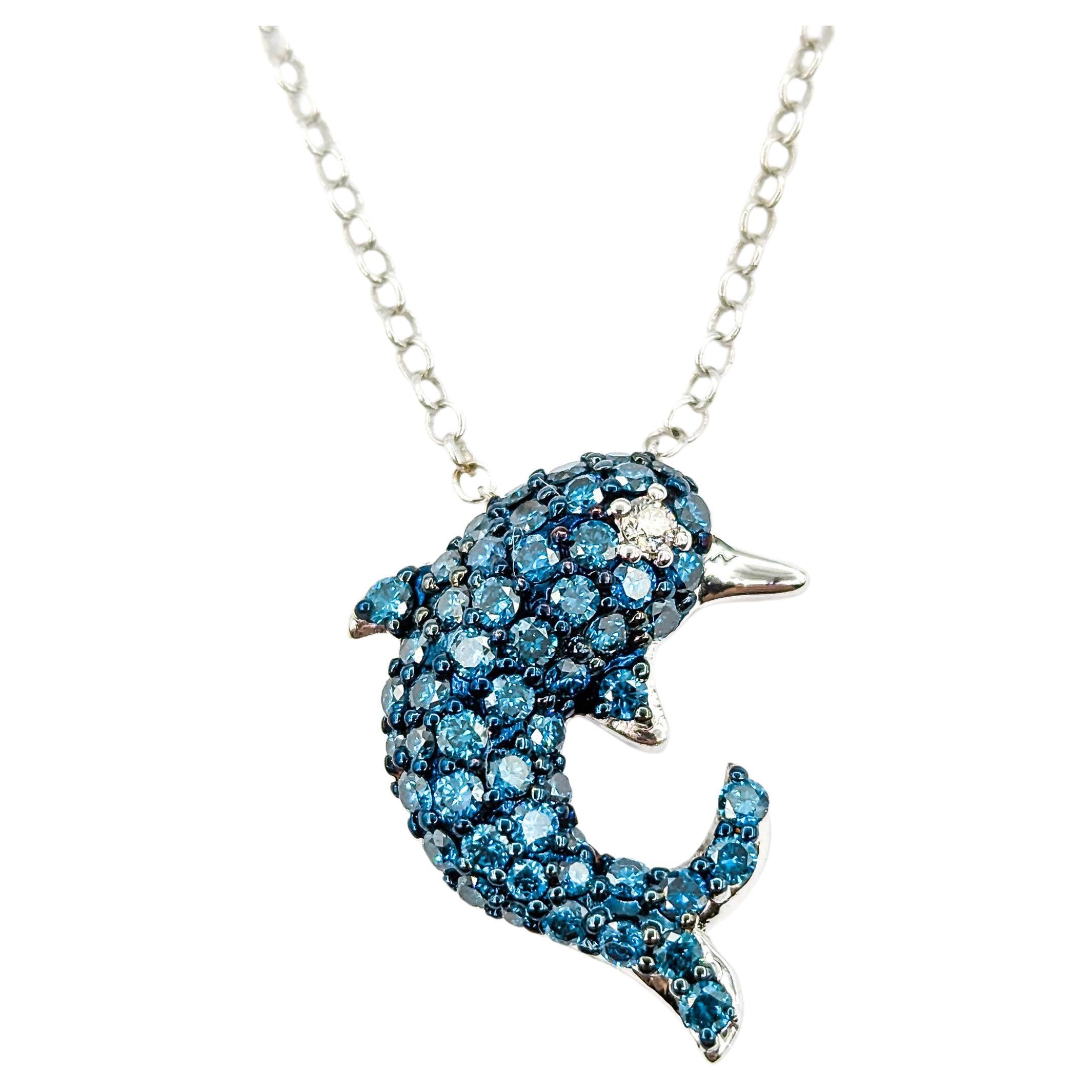 Blue & White Diamond Dolphin Pendant With Necklace in White Gold