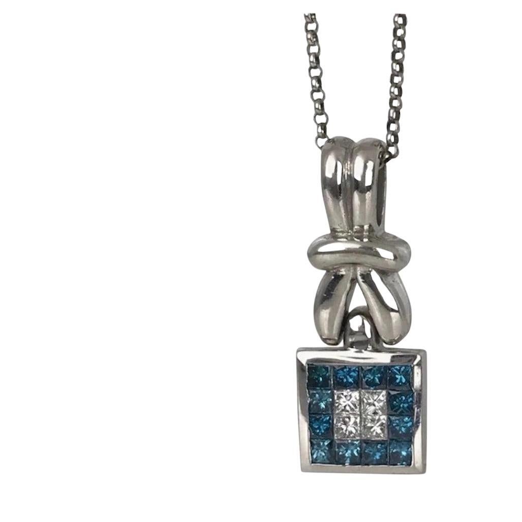 Blue & White Diamond Necklace 1.50 Carat Invisible Style 18 Karat For Sale