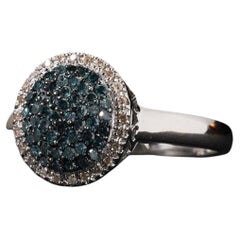 Blue & White Diamond Round Halo Cluster Ring 14k White Gold Size R.5 / 9