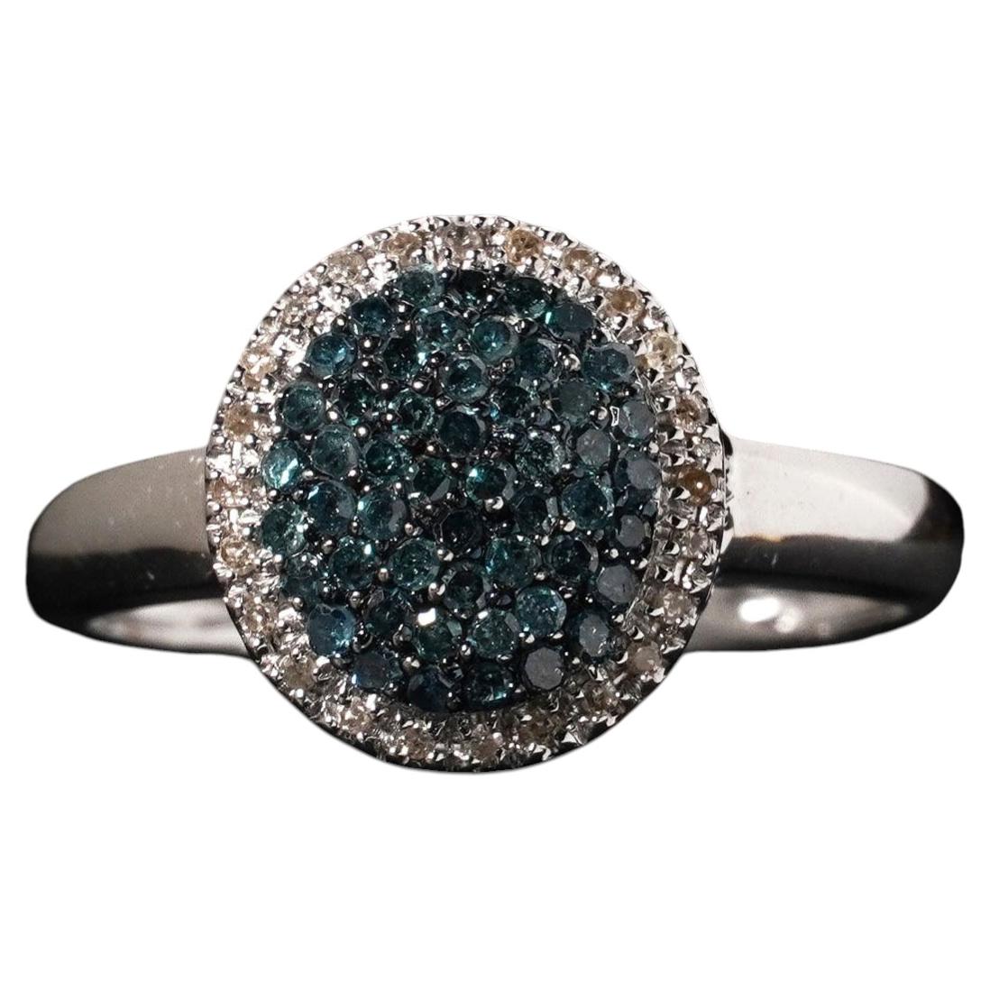 Blue & White Diamond Round Halo Cluster Ring 14k White Gold Size R.5 / 9