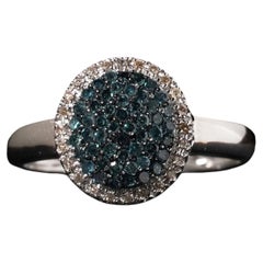Blue & White Diamond Round Halo Cluster Ring 14k White Gold Size R.5 / 9