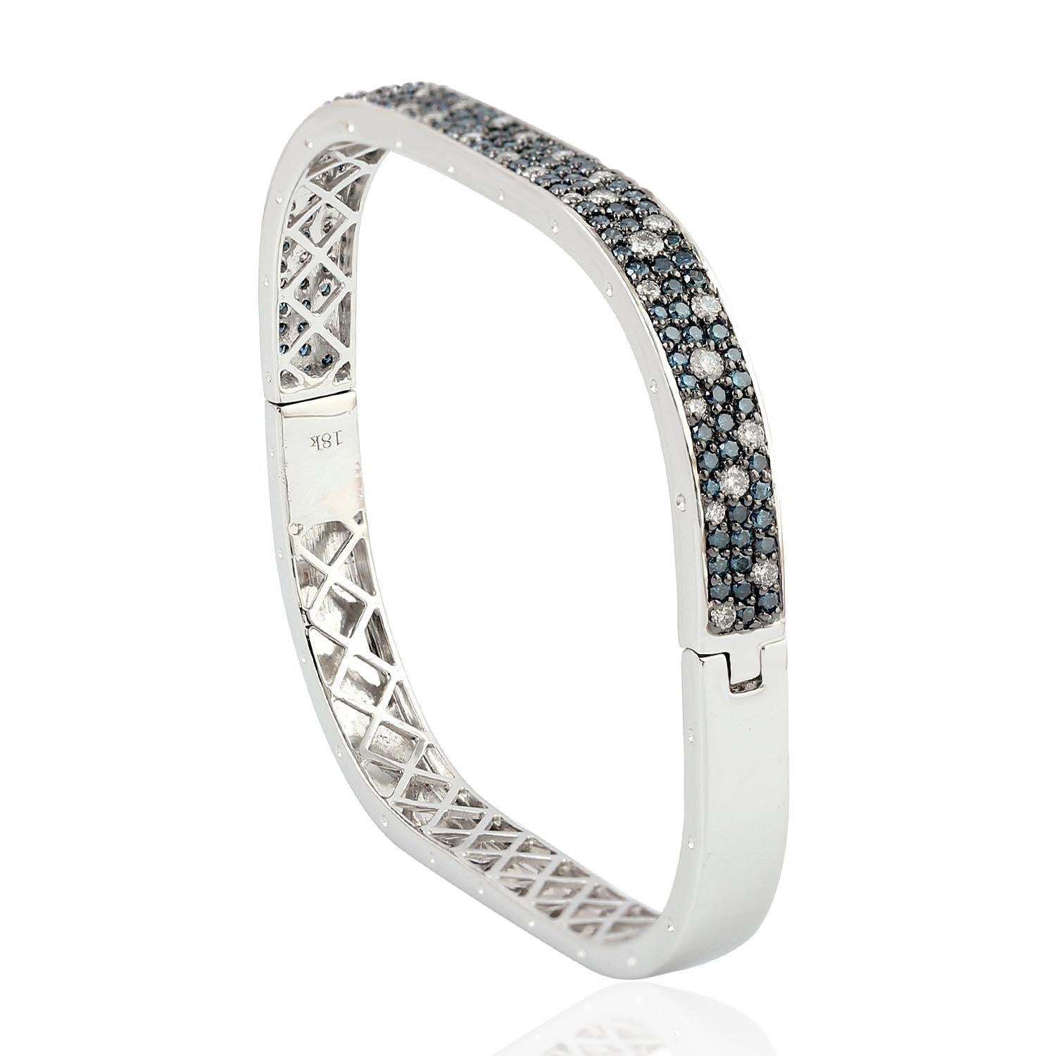 Mixed Cut Blue & White Diamonds Cushion Cuff Made In 18k White Gold For Sale