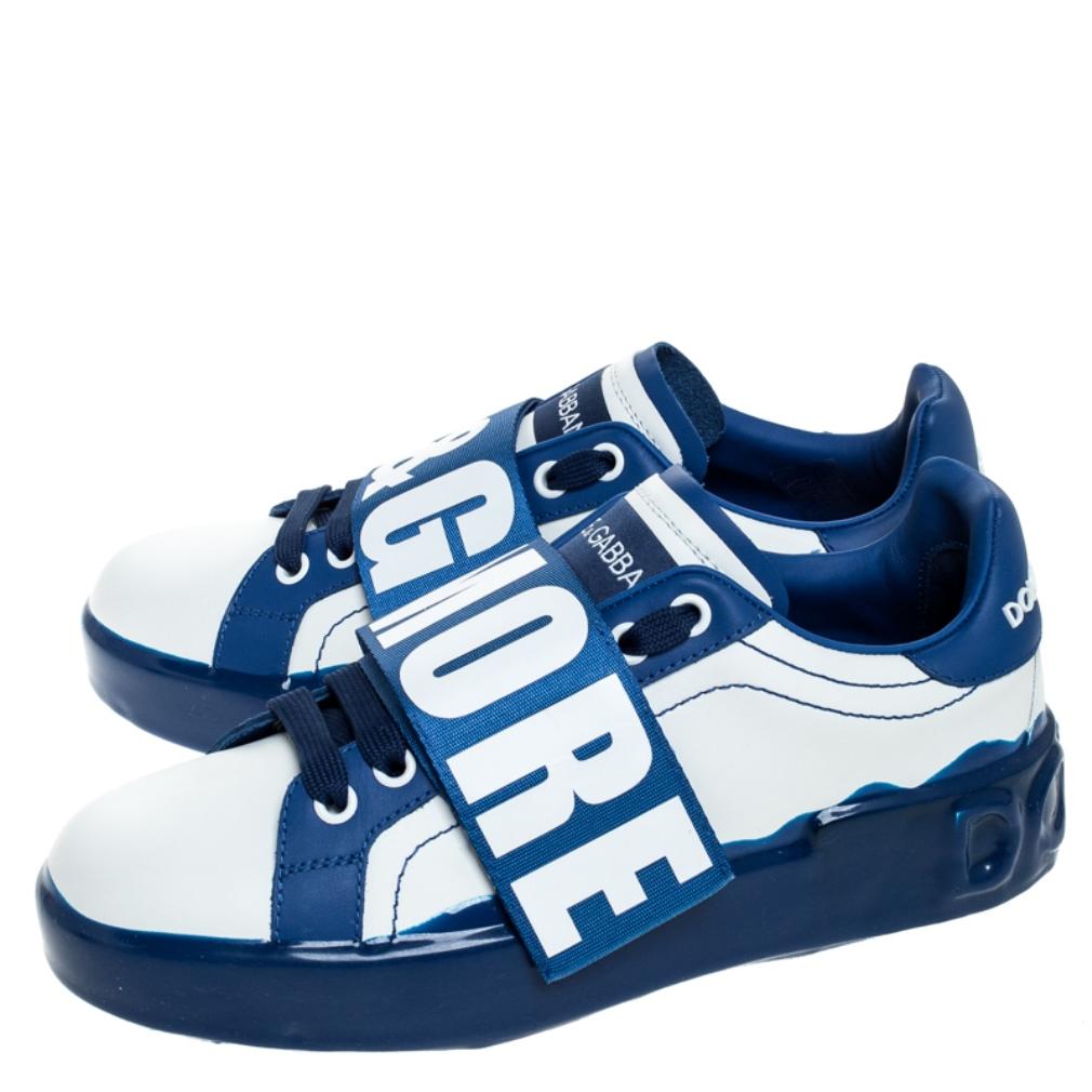 Blue/White Elastic Logo Leather Melt Portofino Sneakers Size 35 In New Condition In Dubai, Al Qouz 2