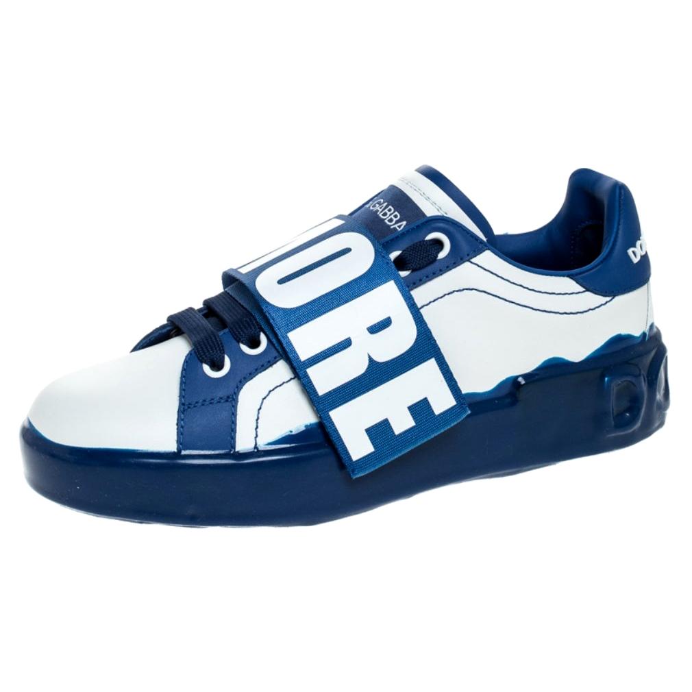 Blue/White Elastic Logo Leather Melt Portofino Sneakers Size 35