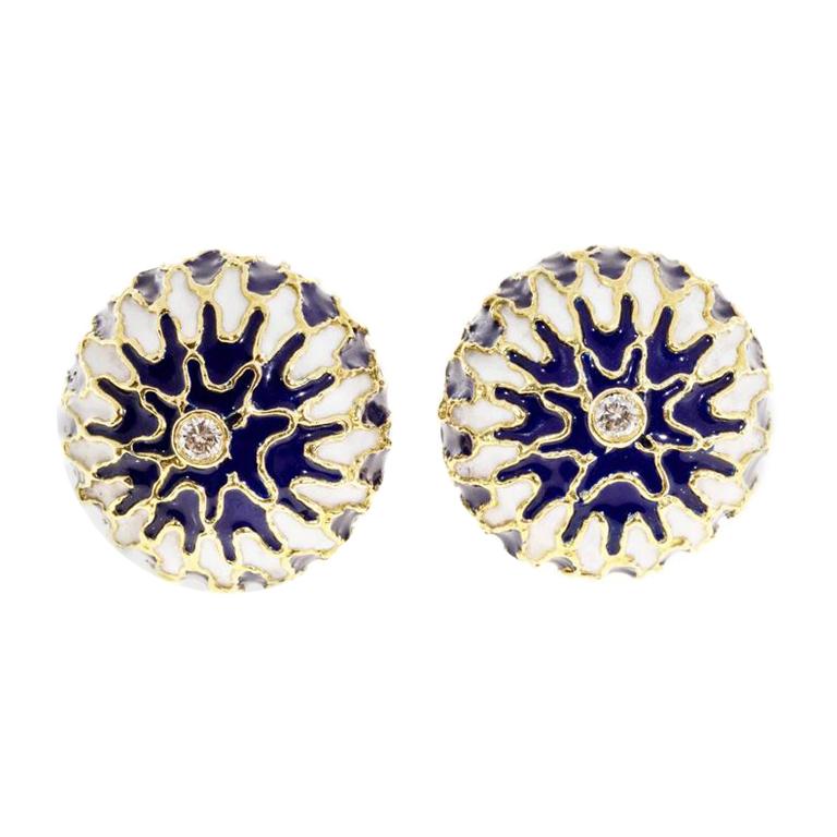 Blue White Enamel Diamond Gold Domed Clip Post Domed Earrings For Sale