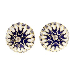 Blue White Enamel Diamond Gold Domed Clip Post Domed Earrings