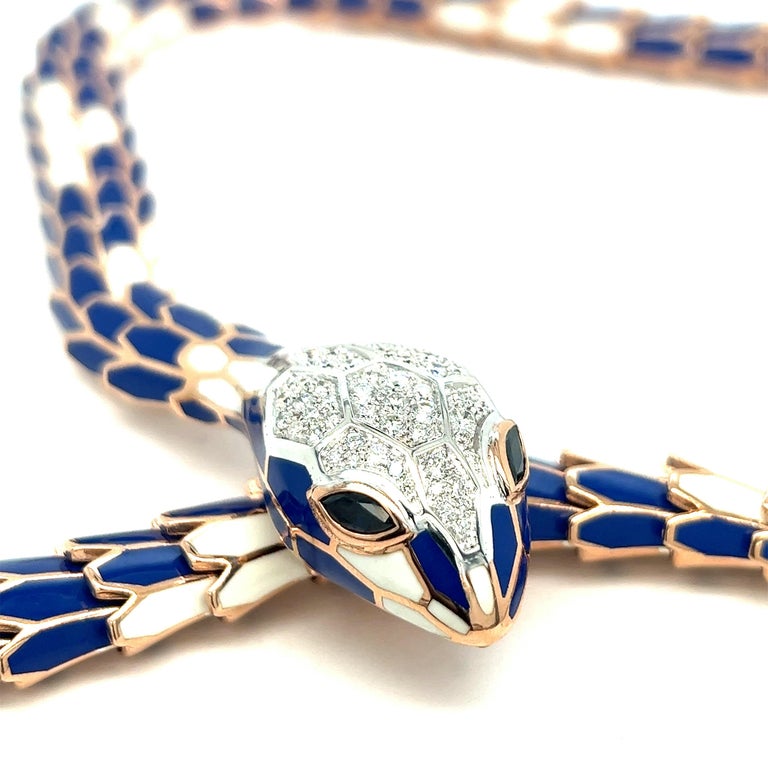 Blue and White Enamel Diamond Sapphire Snake Necklace For Sale at 1stDibs