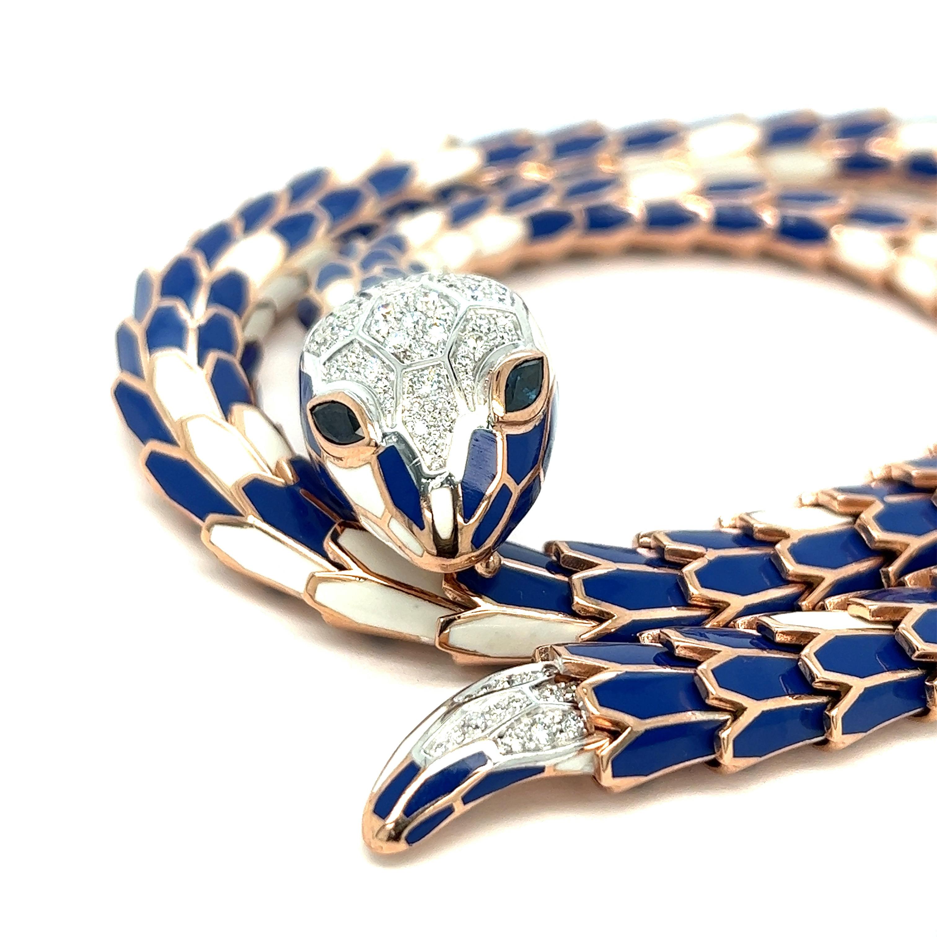 Blau-weiße Emaille-Diamant-Saphir-Schlangen-Halskette (Rundschliff) im Angebot