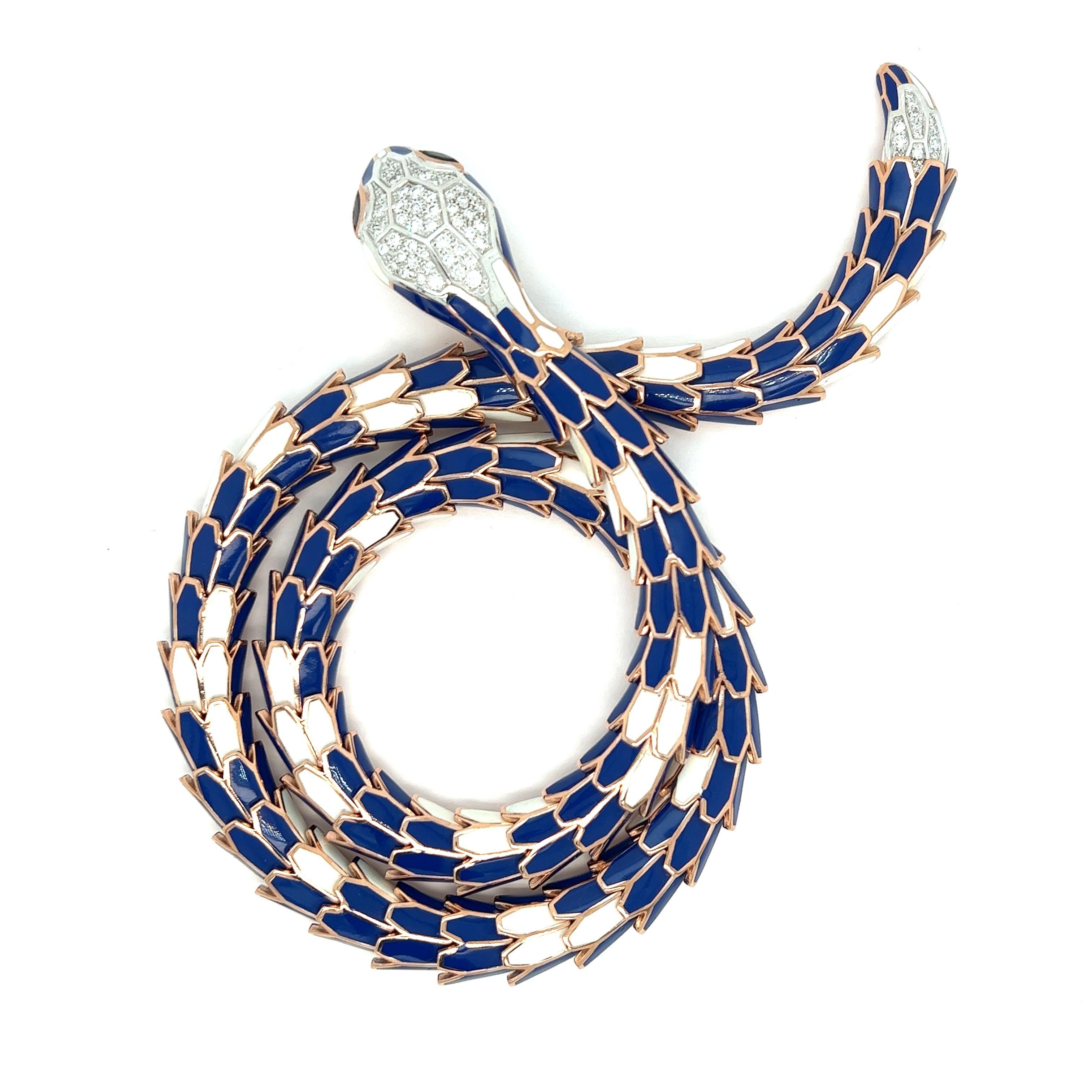 Blue & White Enamel Diamond Sapphire Snake Necklace In New Condition For Sale In New York, NY