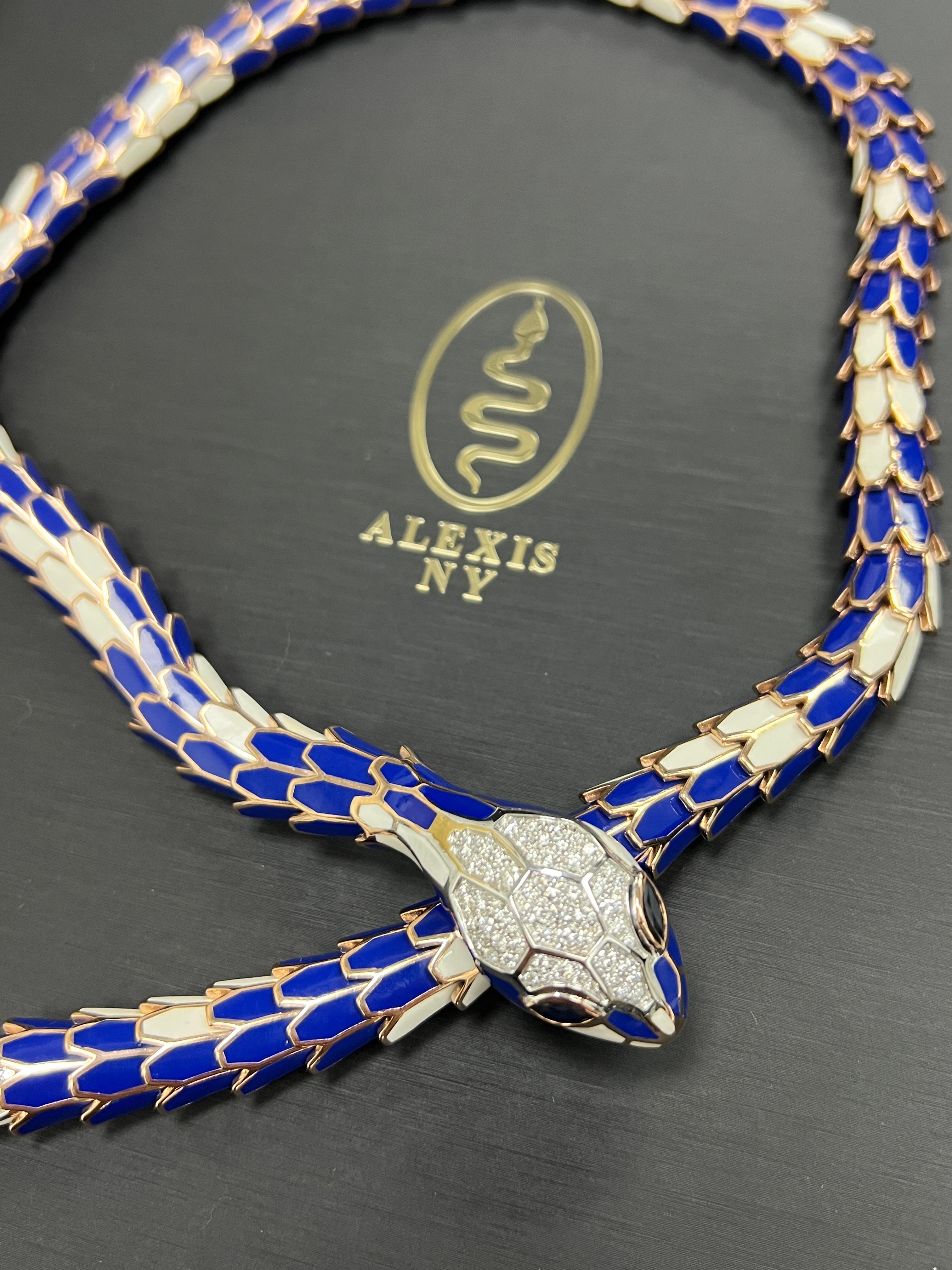 Blau-weiße Emaille-Diamant-Saphir-Schlangen-Halskette im Angebot 3