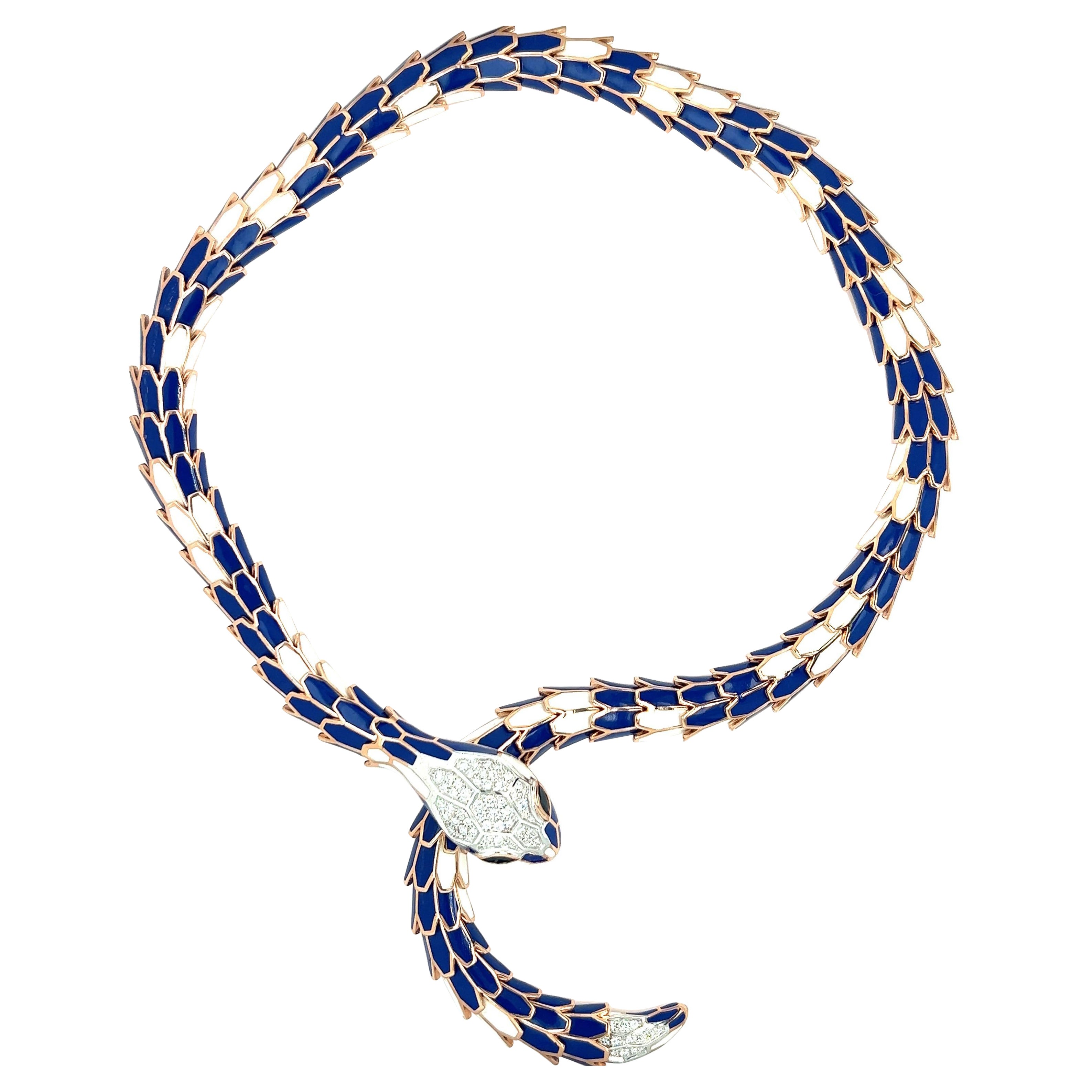 Blau-weiße Emaille-Diamant-Saphir-Schlangen-Halskette im Angebot
