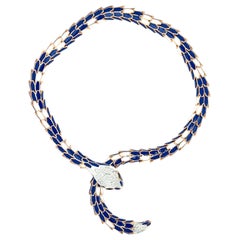 Blau-weiße Emaille-Diamant-Saphir-Schlangen-Halskette