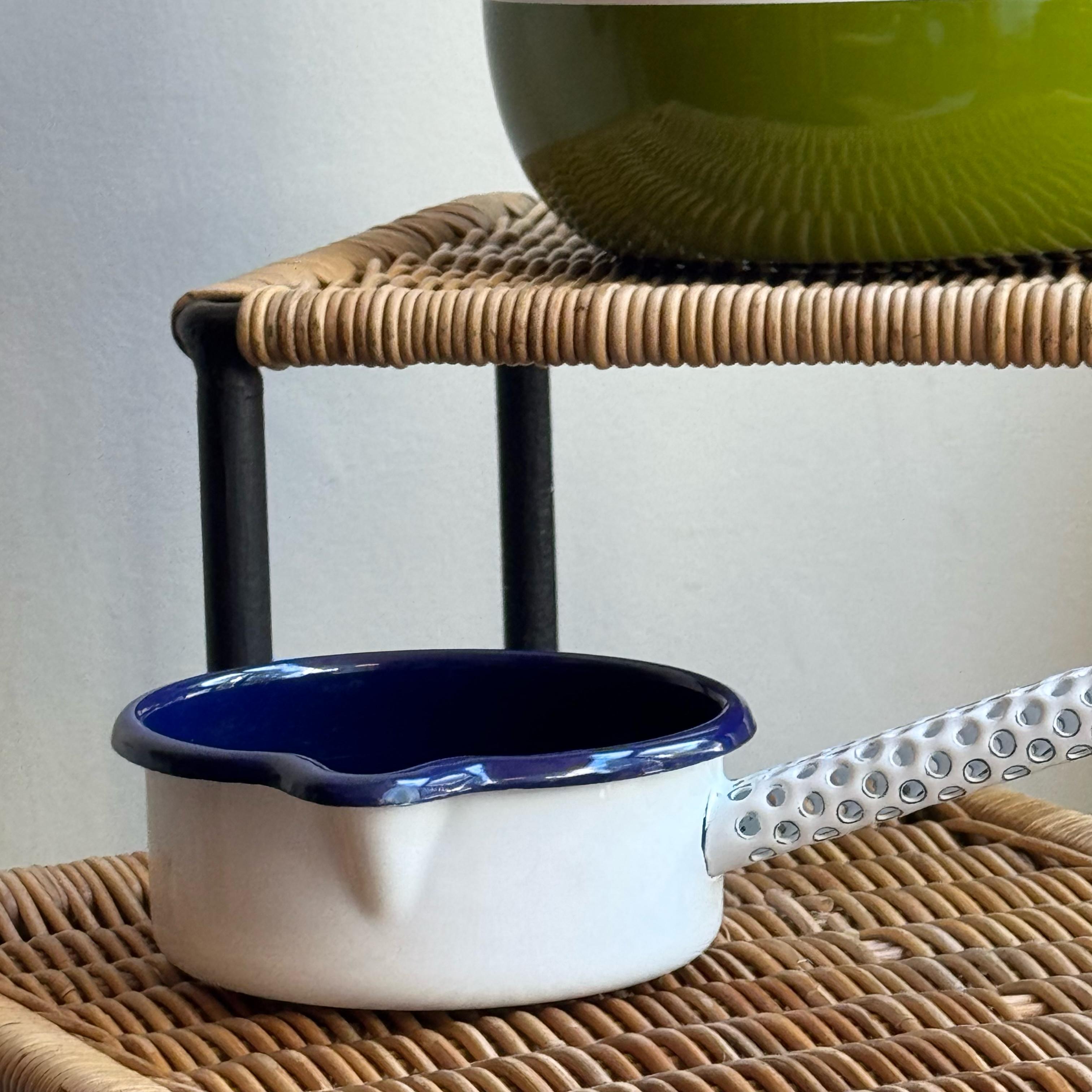 Mid-Century Modern Blue & White/ Enamel Milk Pan/ Carl Auböck III/ Riess, 1970's For Sale