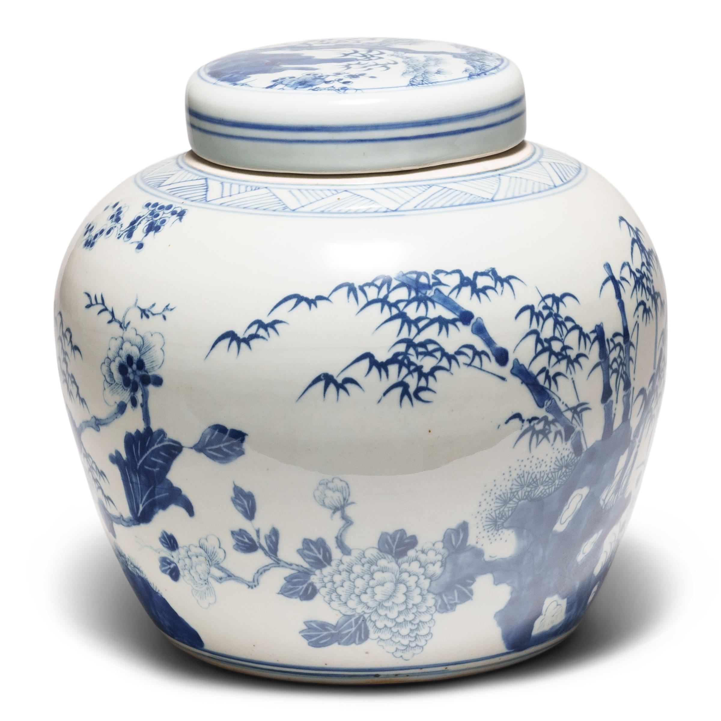 Exportation chinoise Pot de gingembre bleu et blanc à quatre fleurs en vente