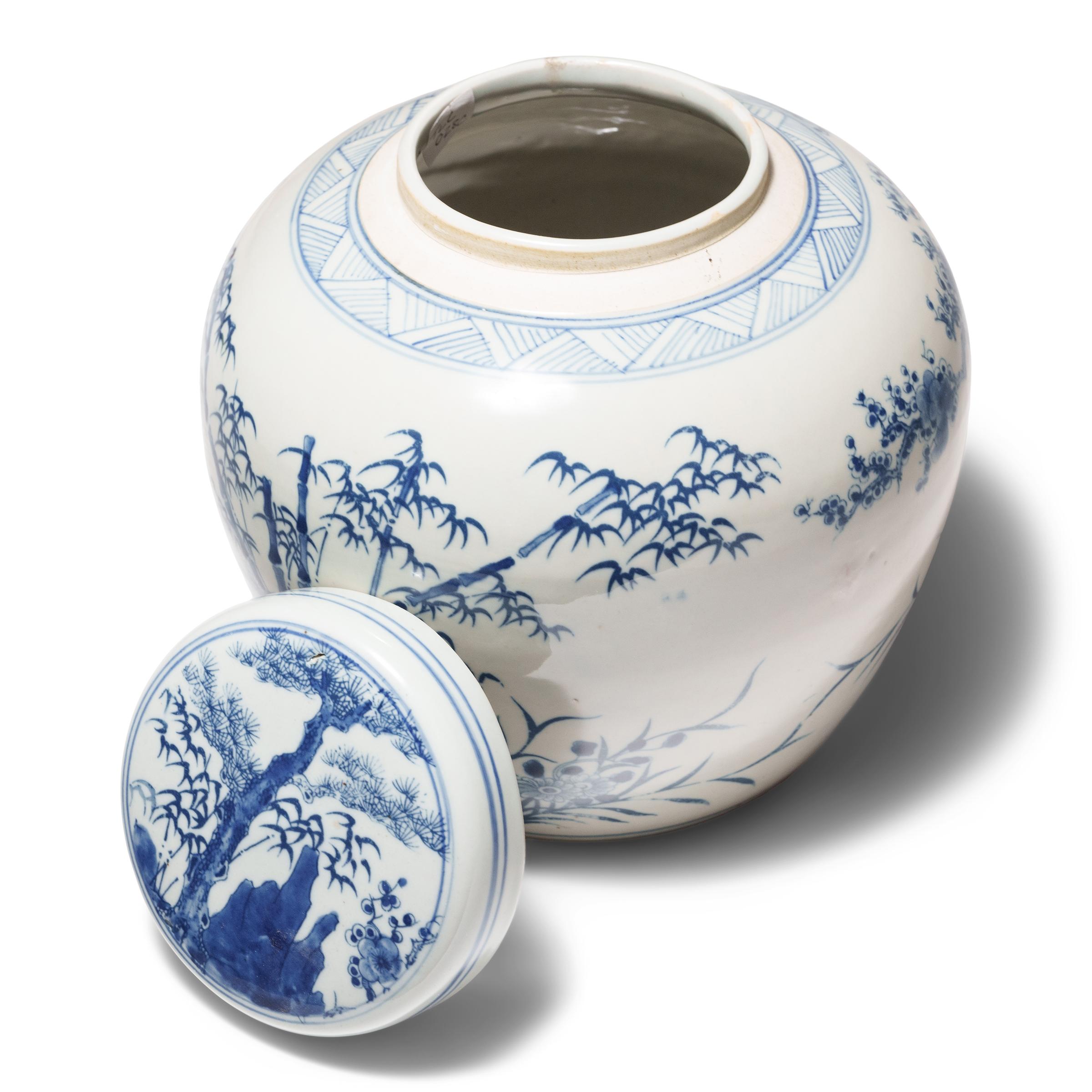 Chinois Pot de gingembre bleu et blanc à quatre fleurs en vente