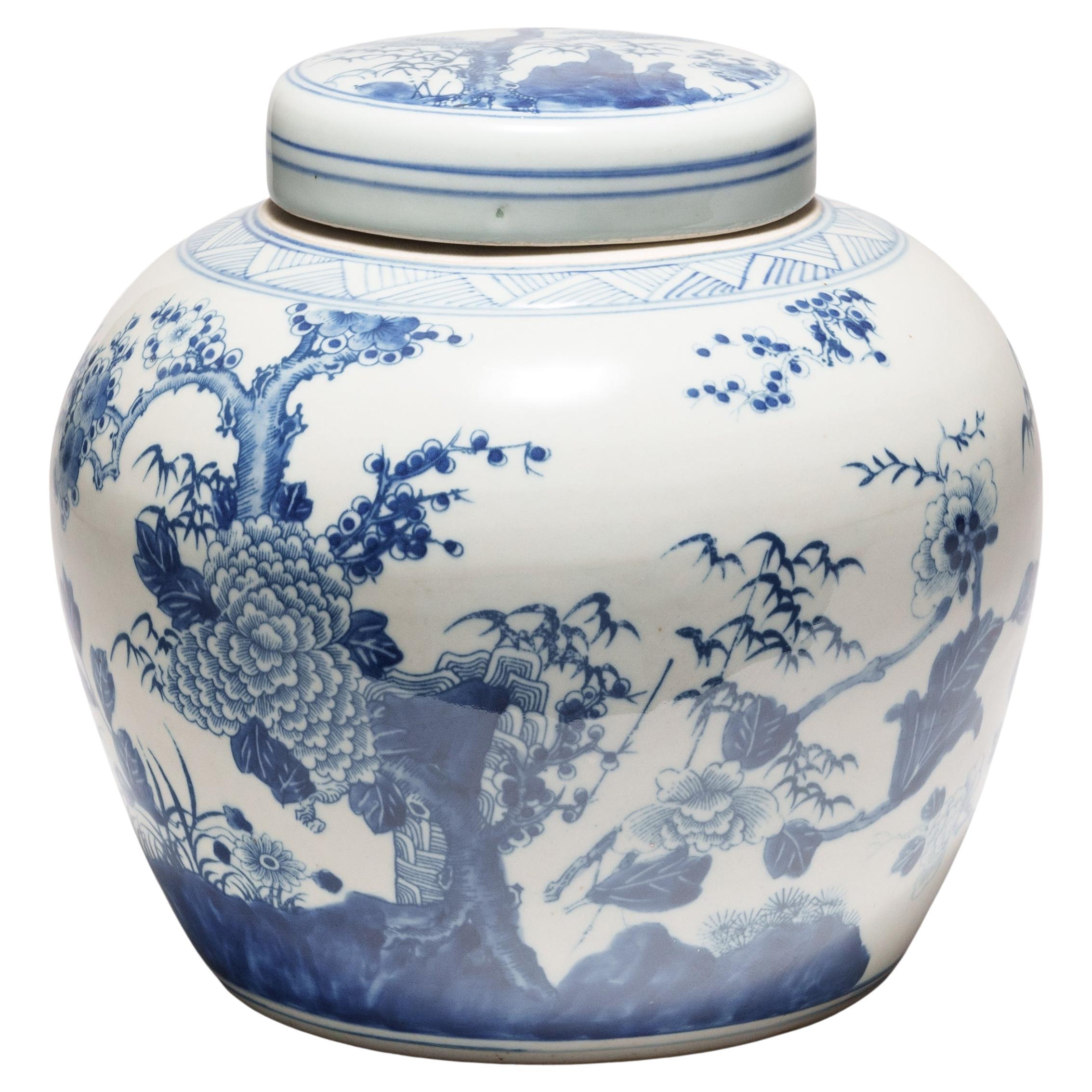 Pot de gingembre bleu et blanc à quatre fleurs