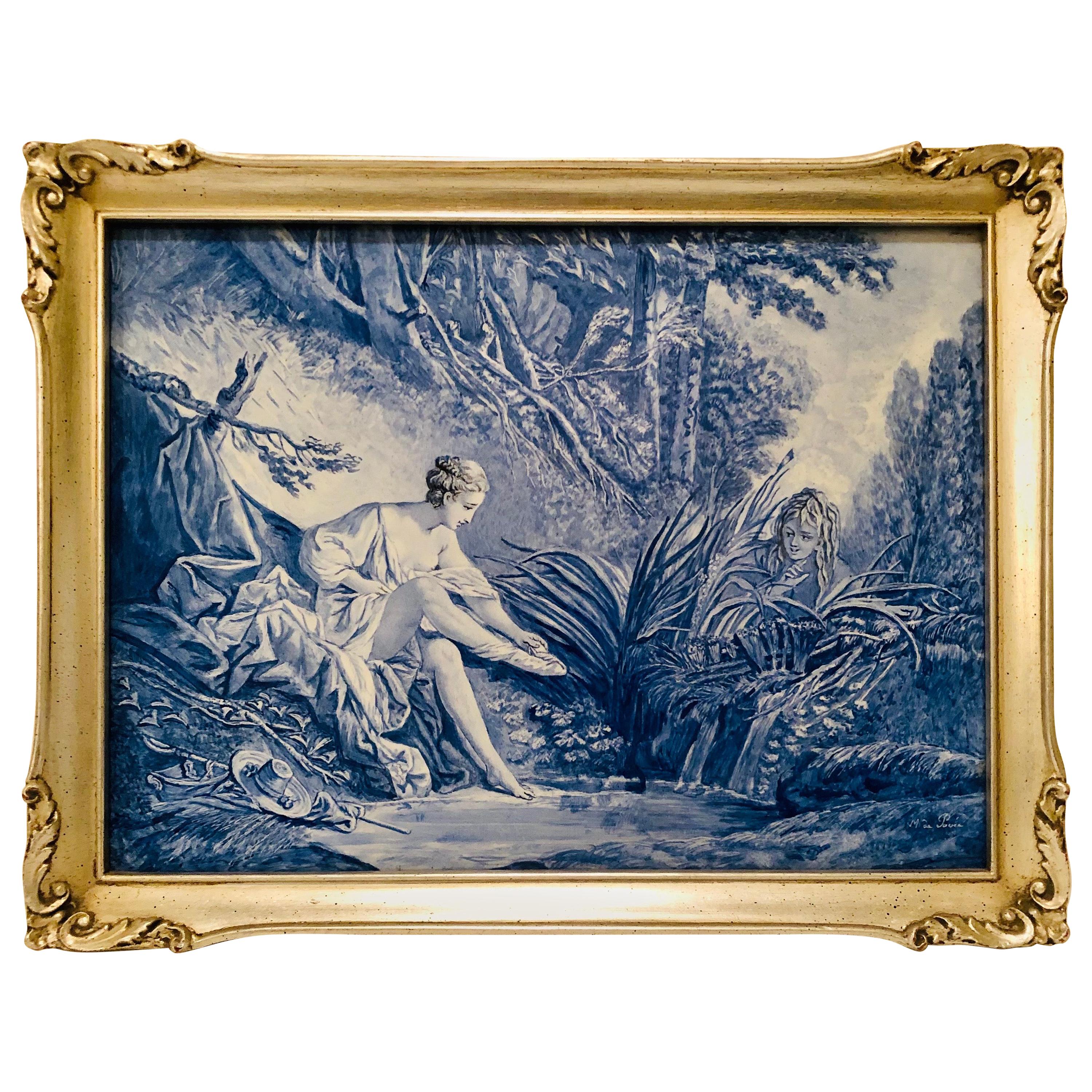 Blue & White French Ceramic Plaque of a Boy Spying on a Beautiful Lady Dressing