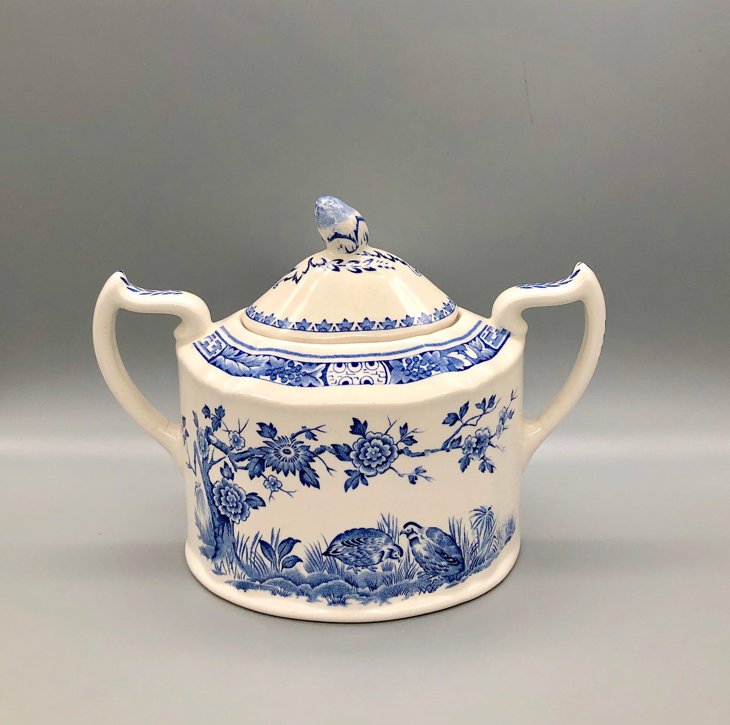 Ceramic Blue and White Furnivals Quail 1913 Pottery Teapot, Creamer and Sugar Bowl Set For Sale
