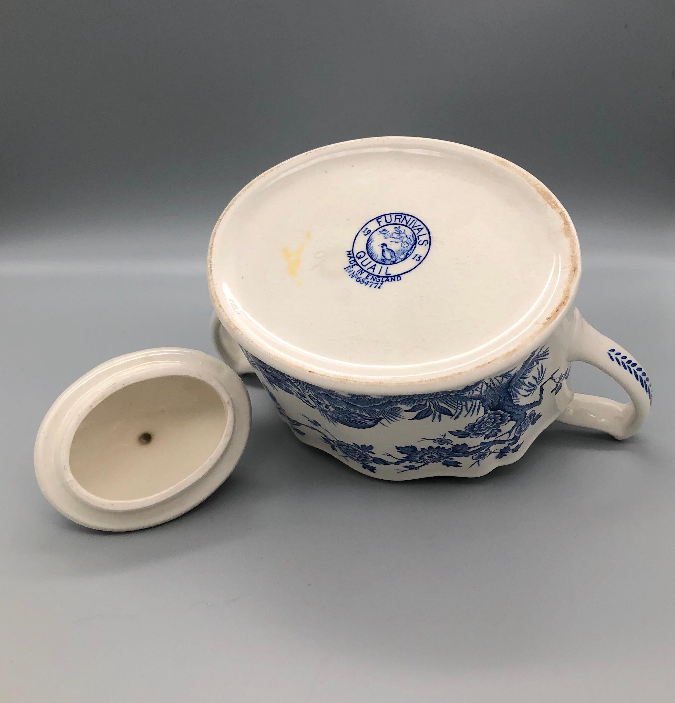 Blue and White Furnivals Quail 1913 Pottery Teapot, Creamer and Sugar Bowl Set For Sale 3