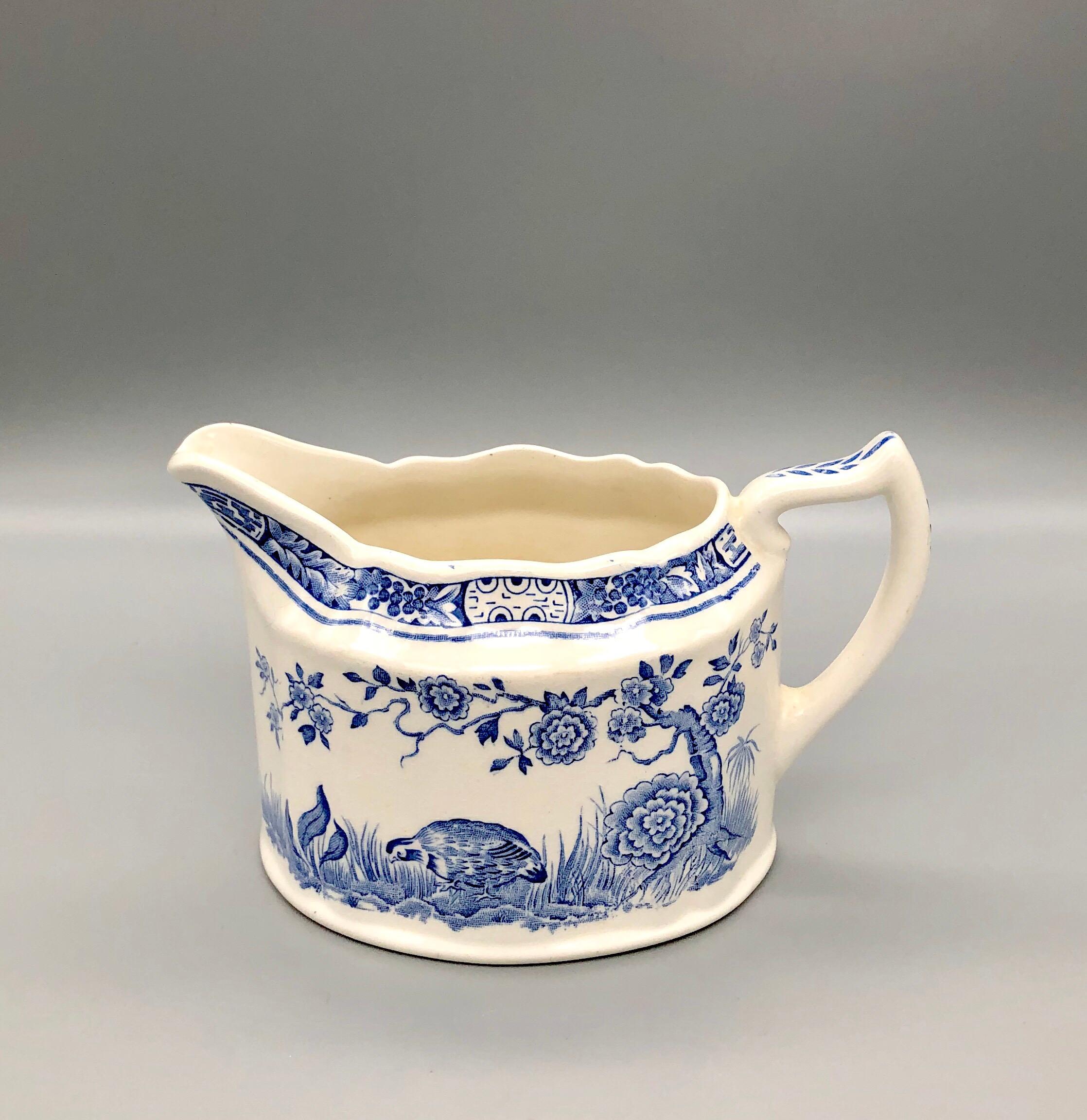 Blue and White Furnivals Quail 1913 Pottery Teapot, Creamer and Sugar Bowl Set For Sale 4