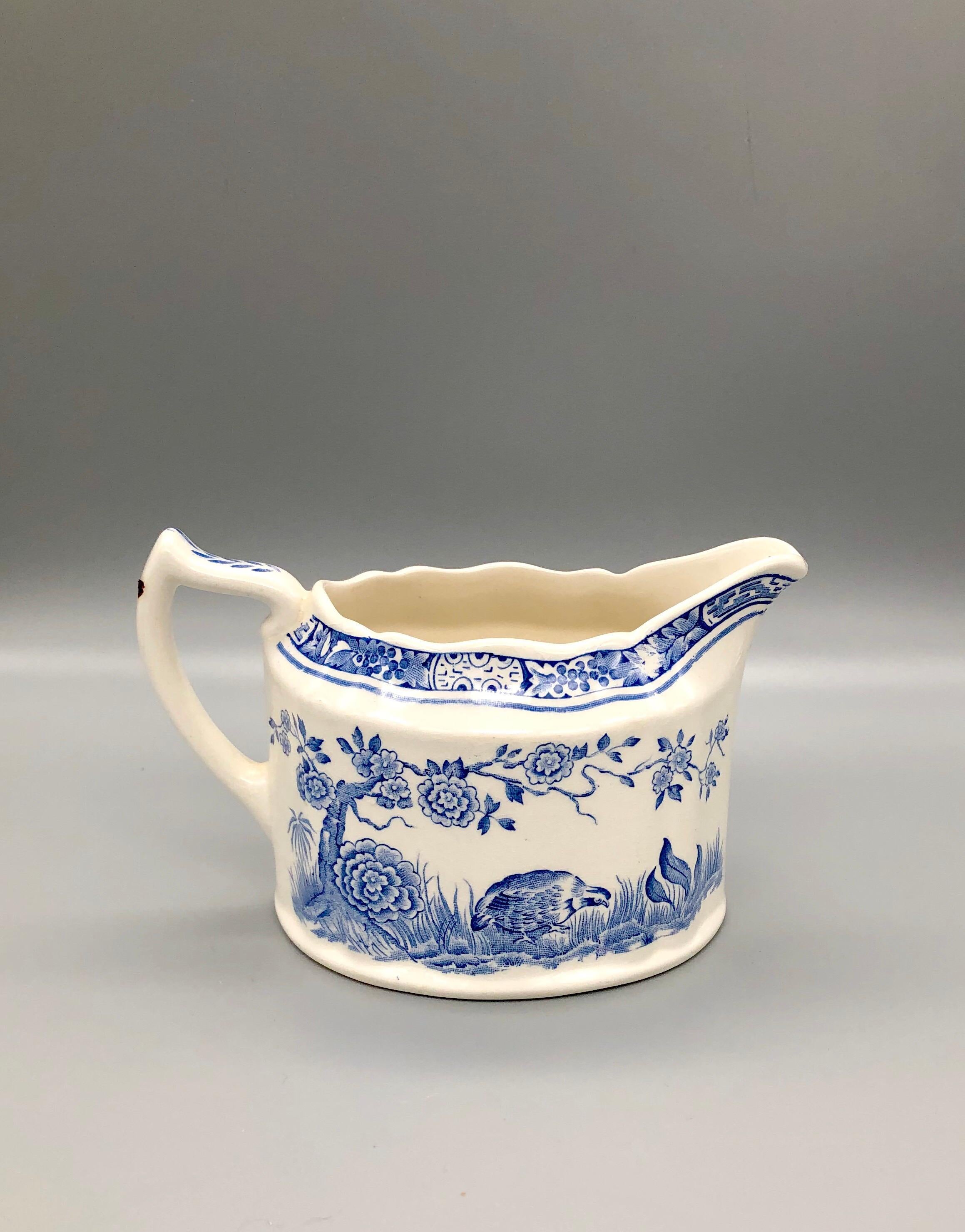 Blue and White Furnivals Quail 1913 Pottery Teapot, Creamer and Sugar Bowl Set For Sale 6