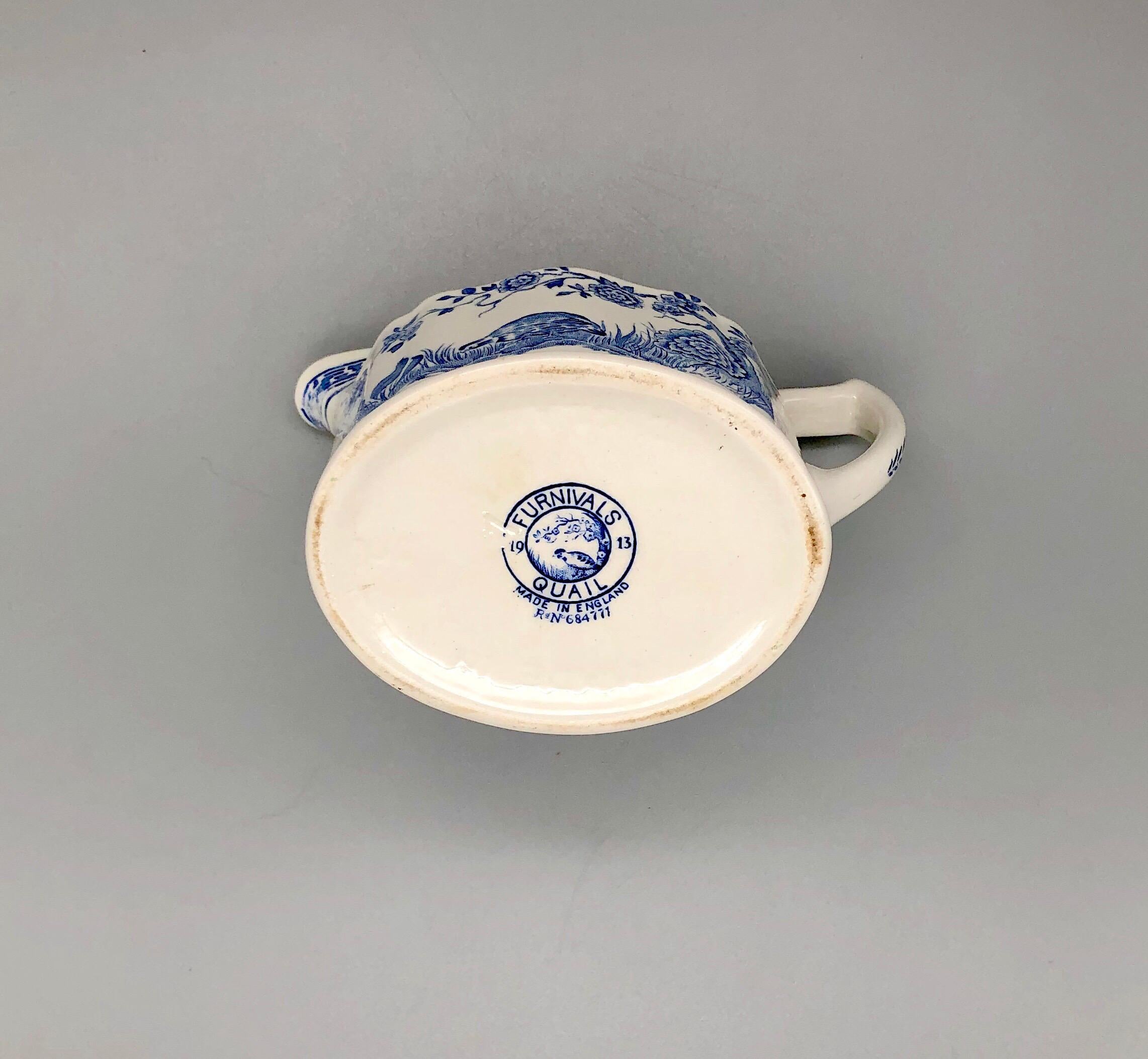 Blue and White Furnivals Quail 1913 Pottery Teapot, Creamer and Sugar Bowl Set For Sale 8