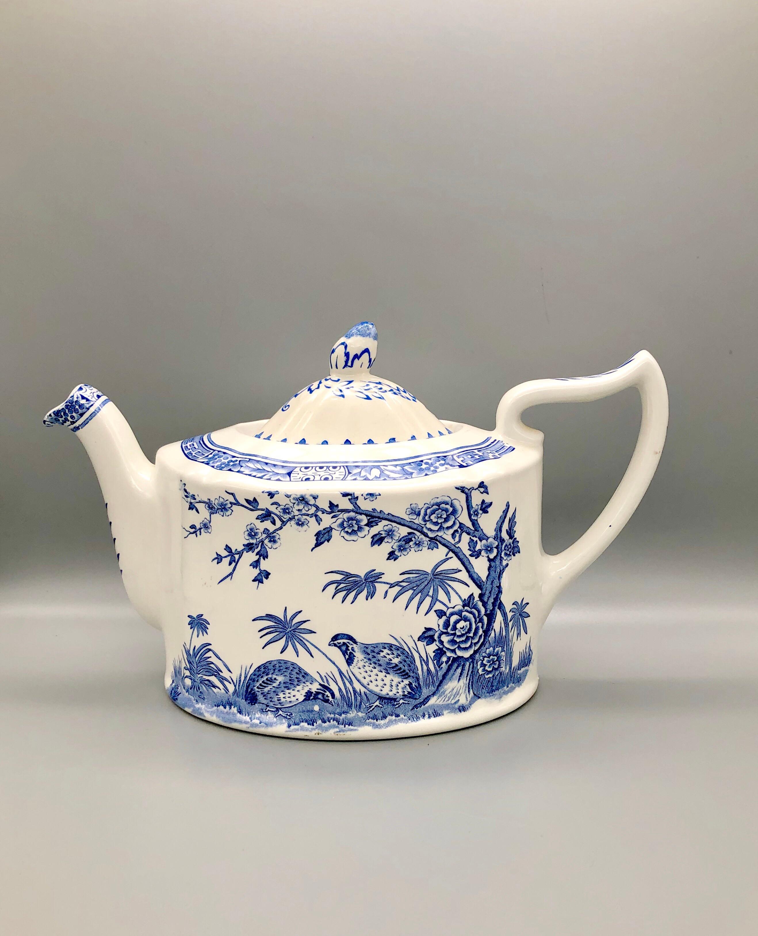 Furnivals quail pottery in blue and white remains one of the most popular patterns for collectors. This three-piece set includes the teapot, creamer, and sugar bowl with lid. Condition is quite good, with only minor crazing and minimal