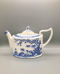 Blue and White Furnivals Quail 1913 Pottery Teapot, Creamer and Sugar Bowl Set