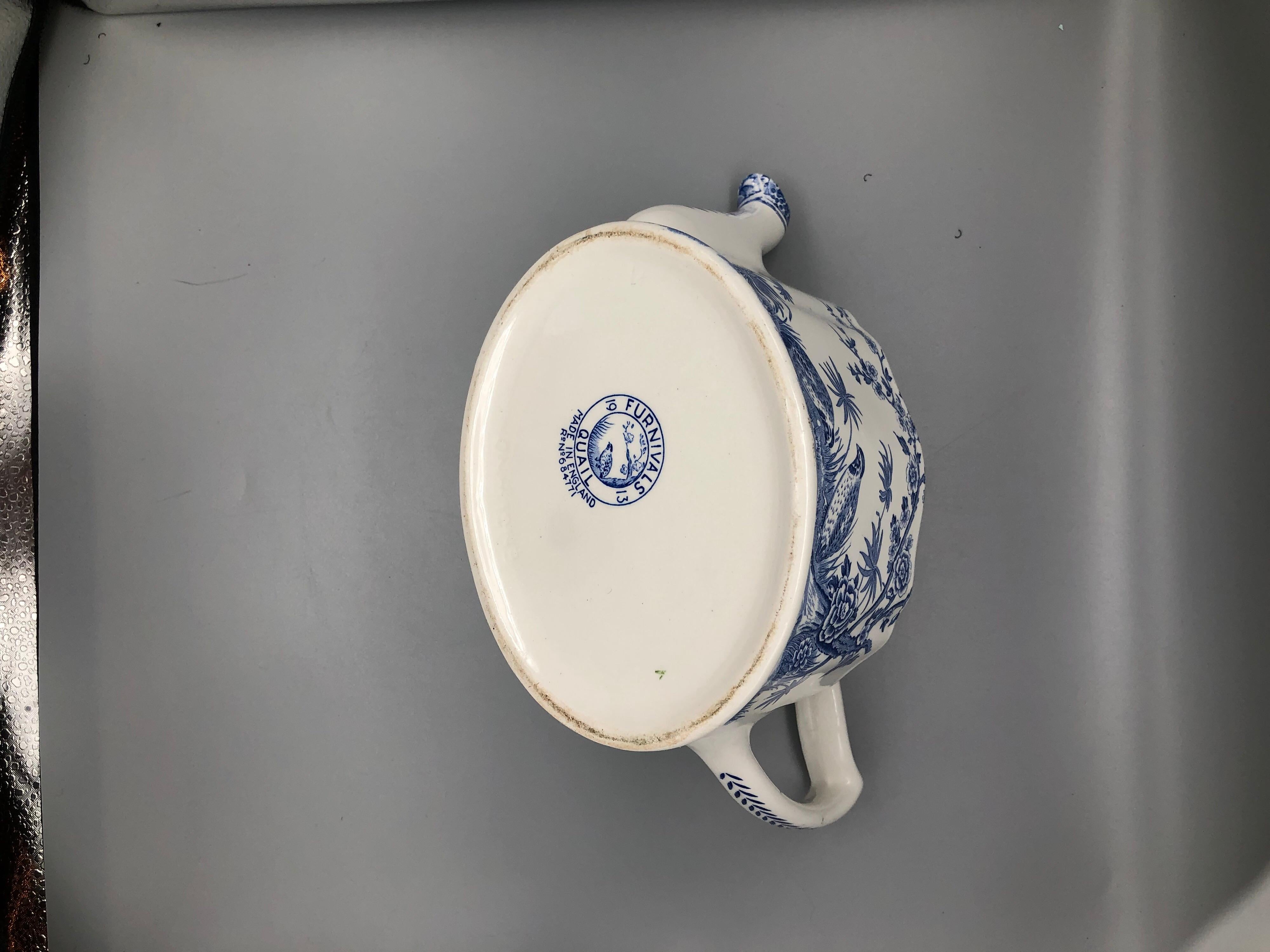 English Blue and White Furnivals Quail 1913 Pottery Teapot, Creamer and Sugar Bowl Set For Sale