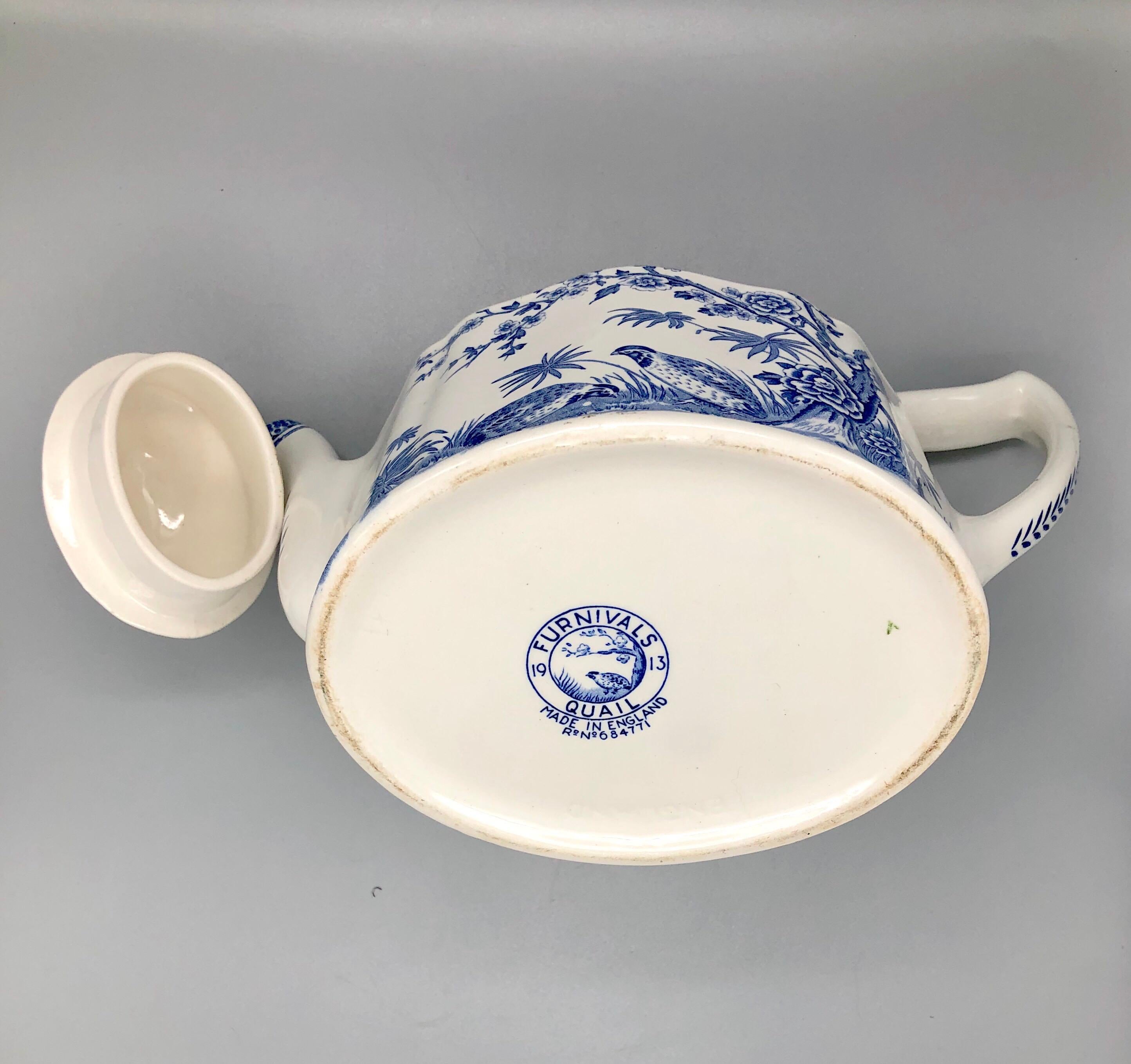 Fired Blue and White Furnivals Quail 1913 Pottery Teapot, Creamer and Sugar Bowl Set For Sale