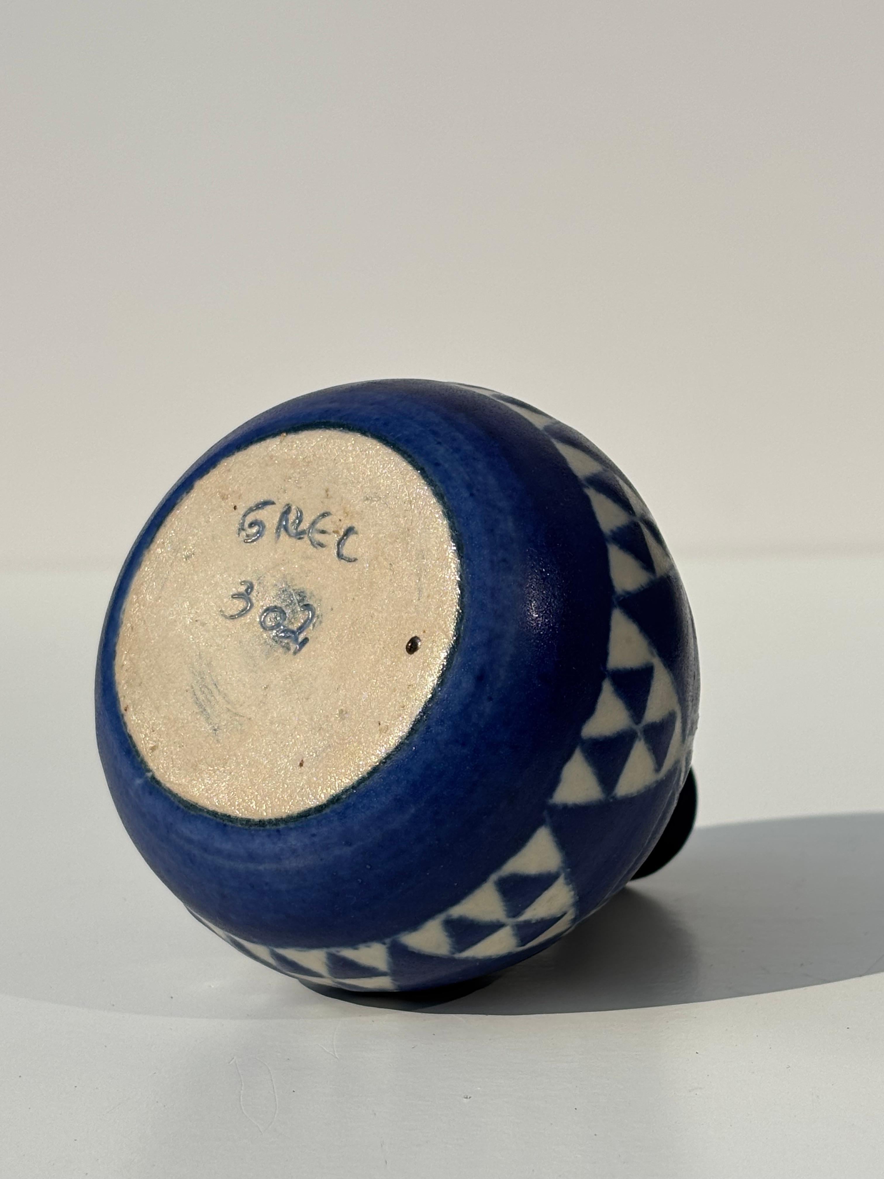 Ceramic Blue, White Geometric Decor Stoneware Vase For Sale
