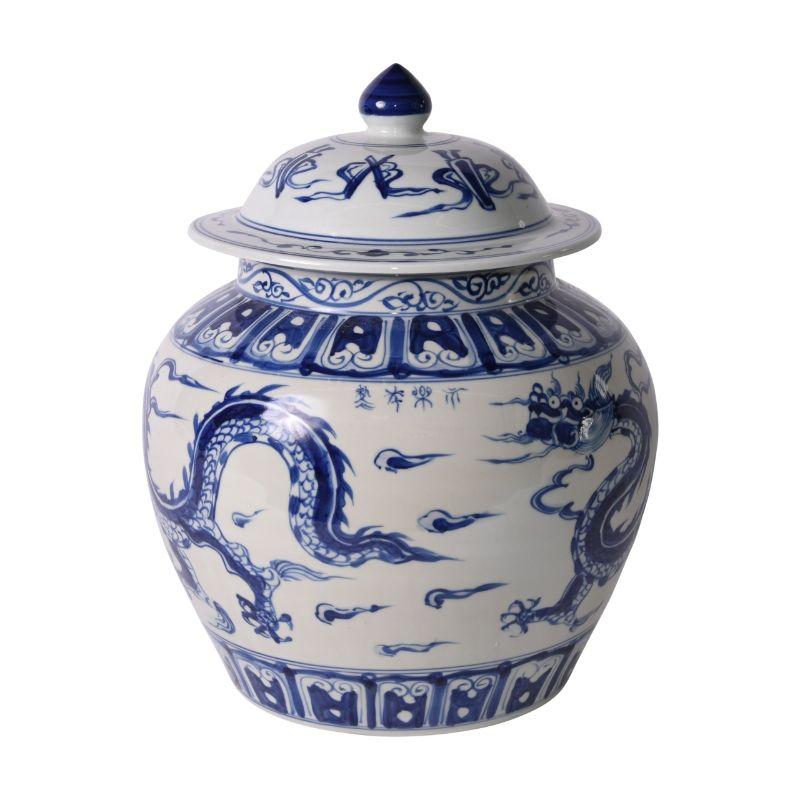 Blue & white ginger jar w/ dragon motif

The special antique process makes it looks like a piece of art from a museum. 
High fire porcelain, 100% hand shaped, hand painted. Distress, chips and other imperfections create great characters of this