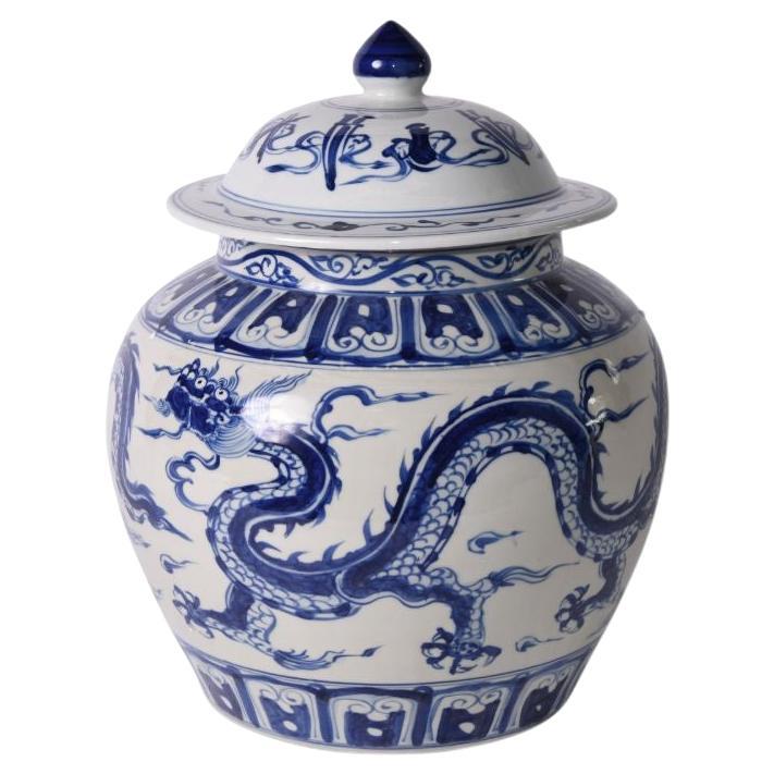 Blue & White Ginger Jar with Dragon Motif For Sale