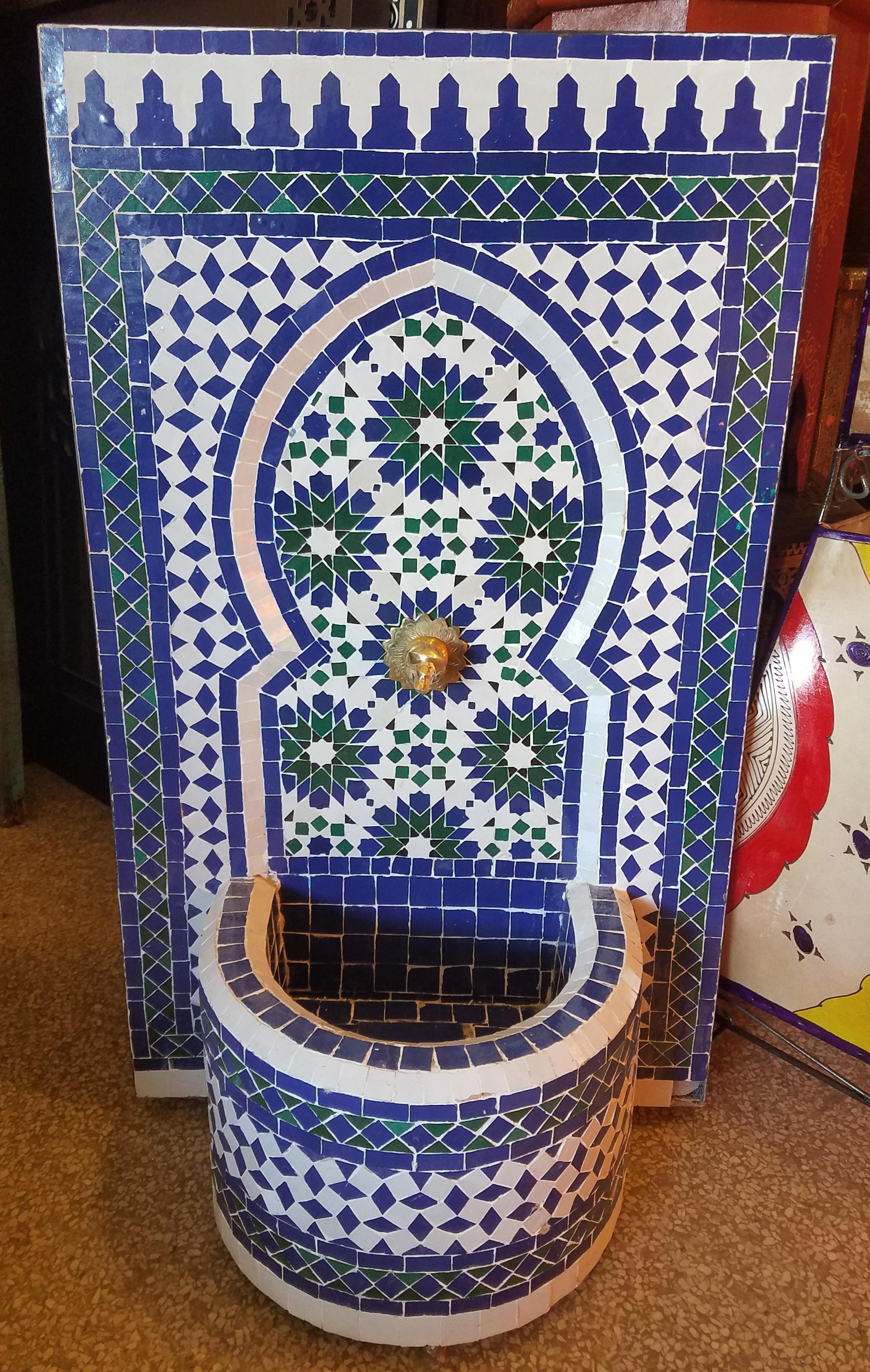 Contemporary Blue/White/Green Moroccan Mosaic Tile Fountain For Sale